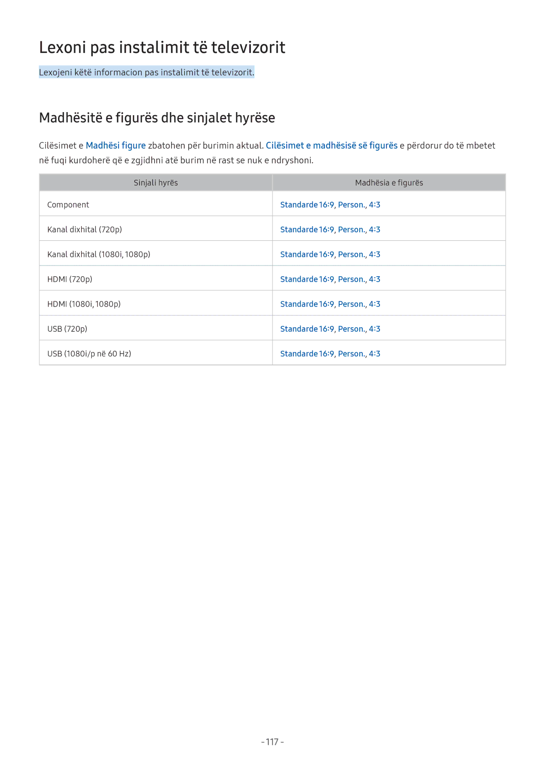 Samsung UE49M5672AUXXH, UE43M5522AKXXH manual Lexoni pas instalimit të televizorit, Madhësitë e figurës dhe sinjalet hyrëse 