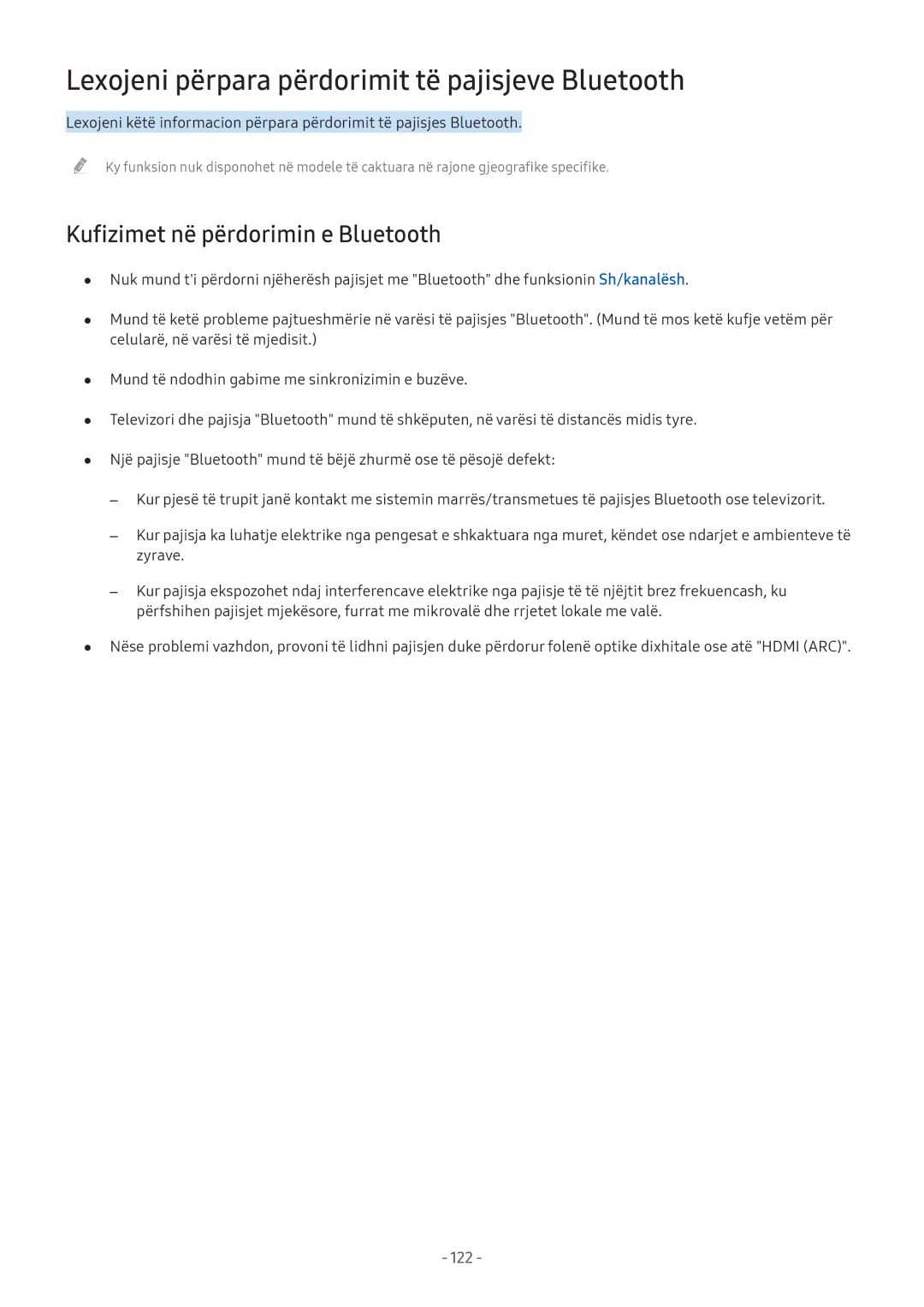 Samsung UE43M5522AKXXH manual Lexojeni përpara përdorimit të pajisjeve Bluetooth, Kufizimet në përdorimin e Bluetooth 