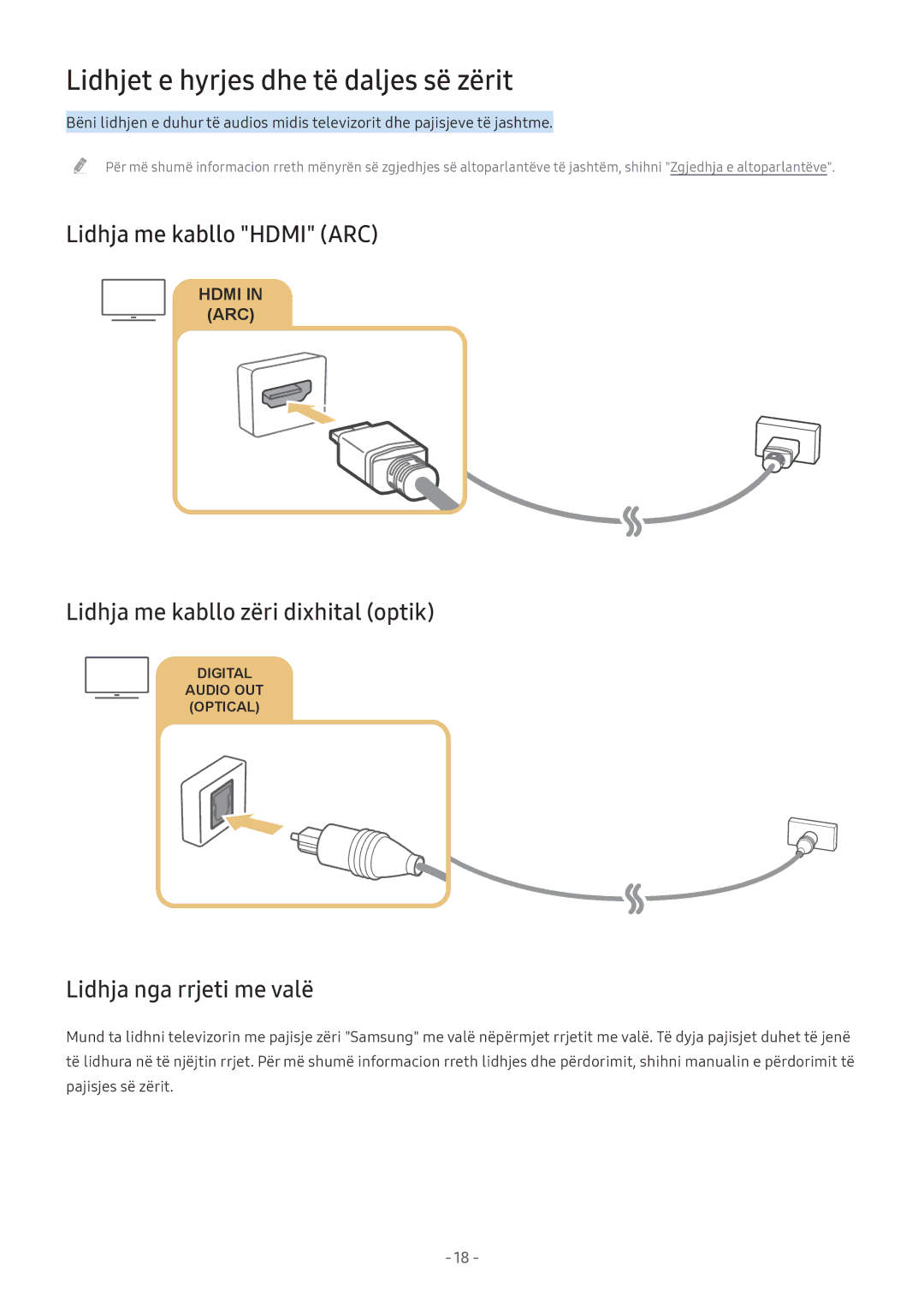 Samsung UE55M6372AUXXH manual Lidhjet e hyrjes dhe të daljes së zërit, Lidhja me kabllo Hdmi ARC, Lidhja nga rrjeti me valë 