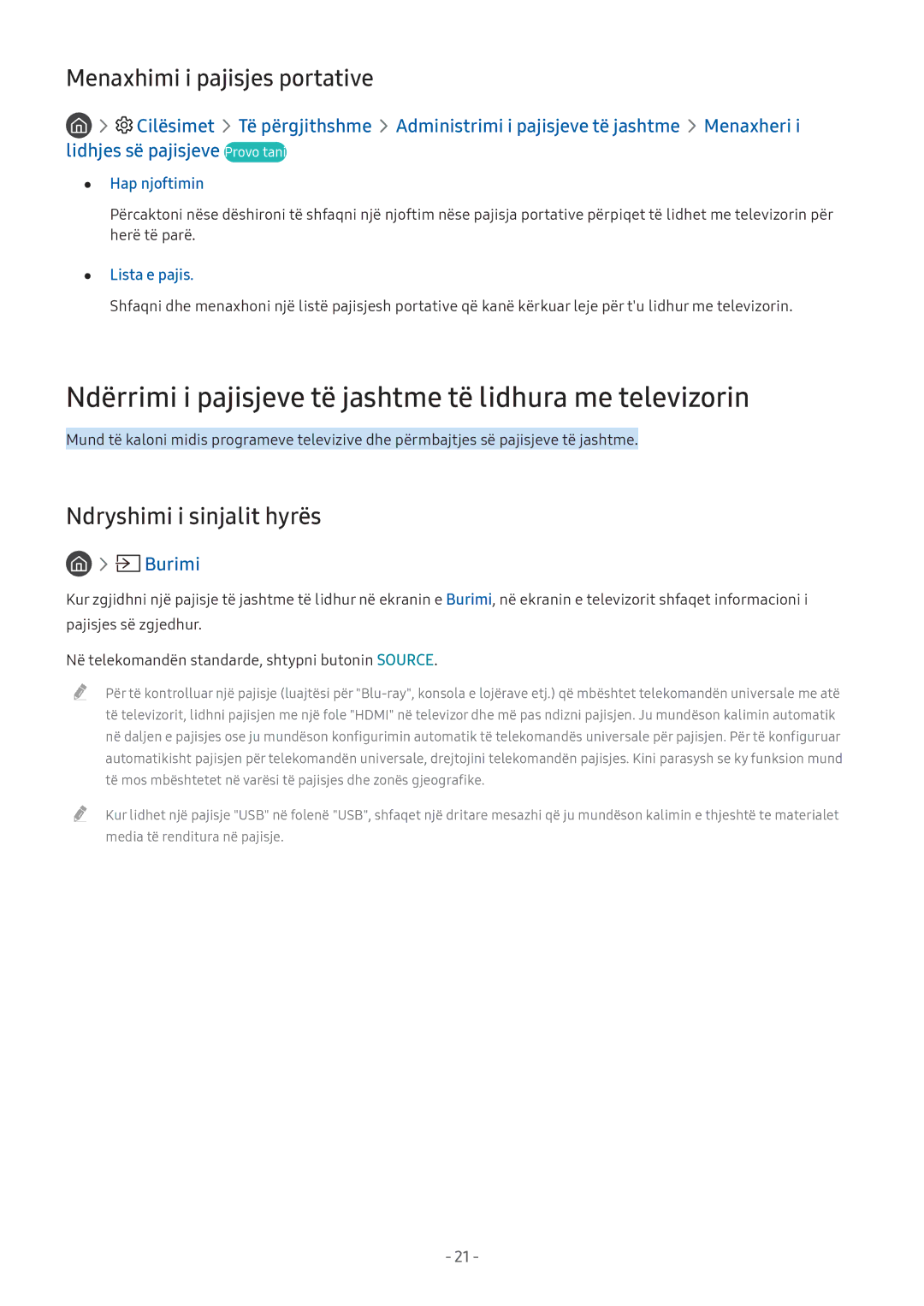 Samsung UE49M5672AUXXH manual Ndërrimi i pajisjeve të jashtme të lidhura me televizorin, Menaxhimi i pajisjes portative 