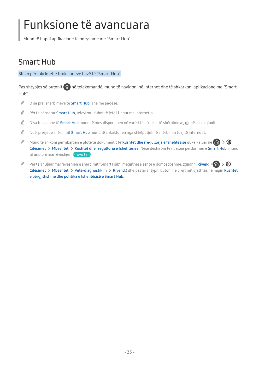 Samsung UE49M5582AUXXH, UE43M5522AKXXH manual Cilësimet Mbështet, Përgjithshme dhe politika e fshehtësisë e Smart Hub 