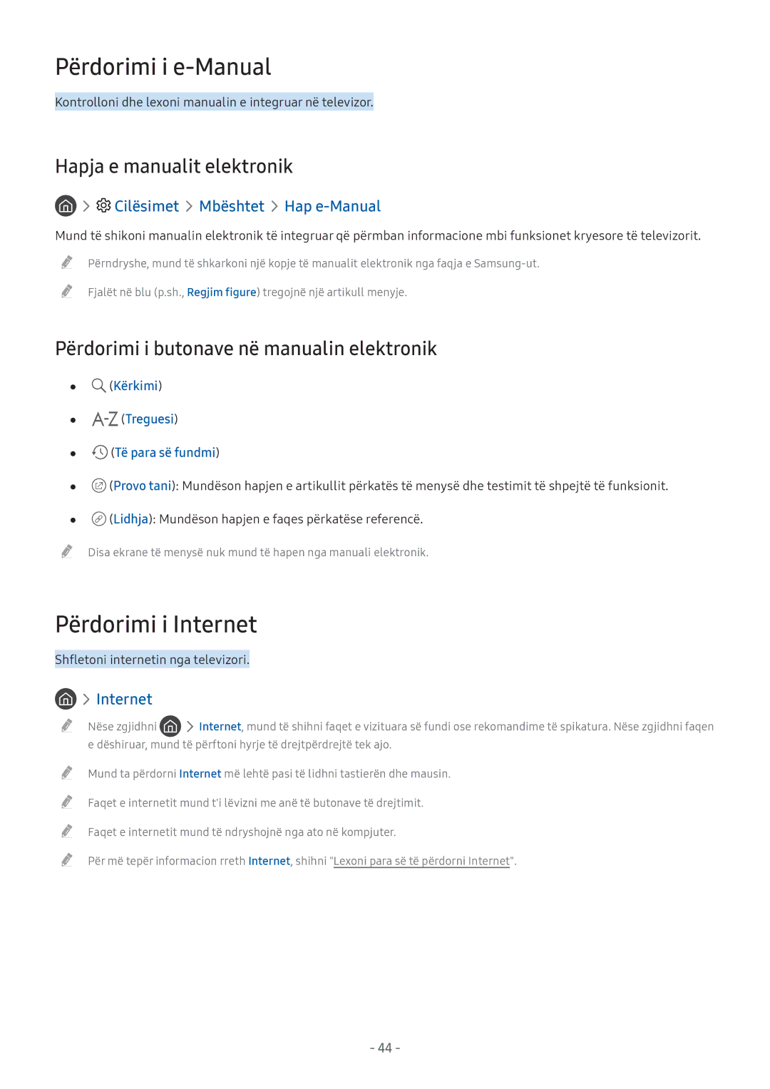 Samsung UE55M5672AUXXH, UE43M5522AKXXH Përdorimi i e-Manual, Përdorimi i Internet, Hapja e manualit elektronik 