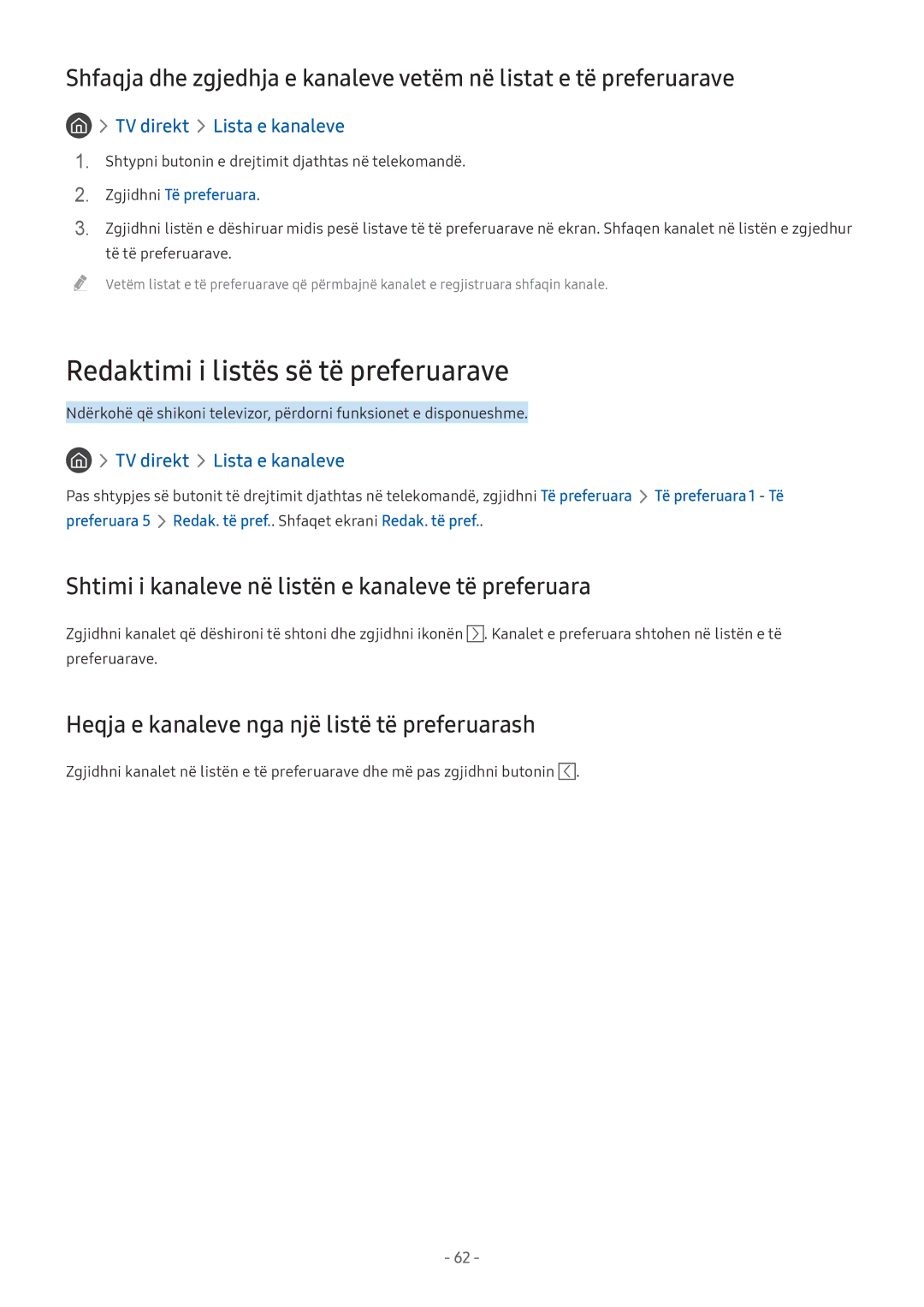 Samsung UE49M6372AUXXH manual Redaktimi i listës së të preferuarave, Shtimi i kanaleve në listën e kanaleve të preferuara 