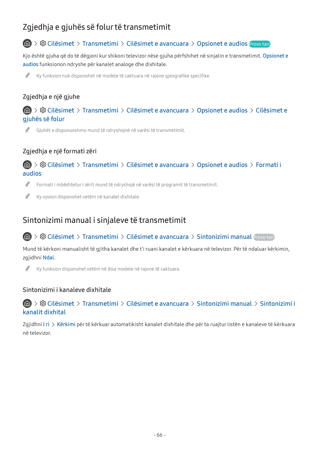 Samsung UE55M6372AUXXH Zgjedhja e gjuhës së folur të transmetimit, Sintonizimi manual i sinjaleve të transmetimit 