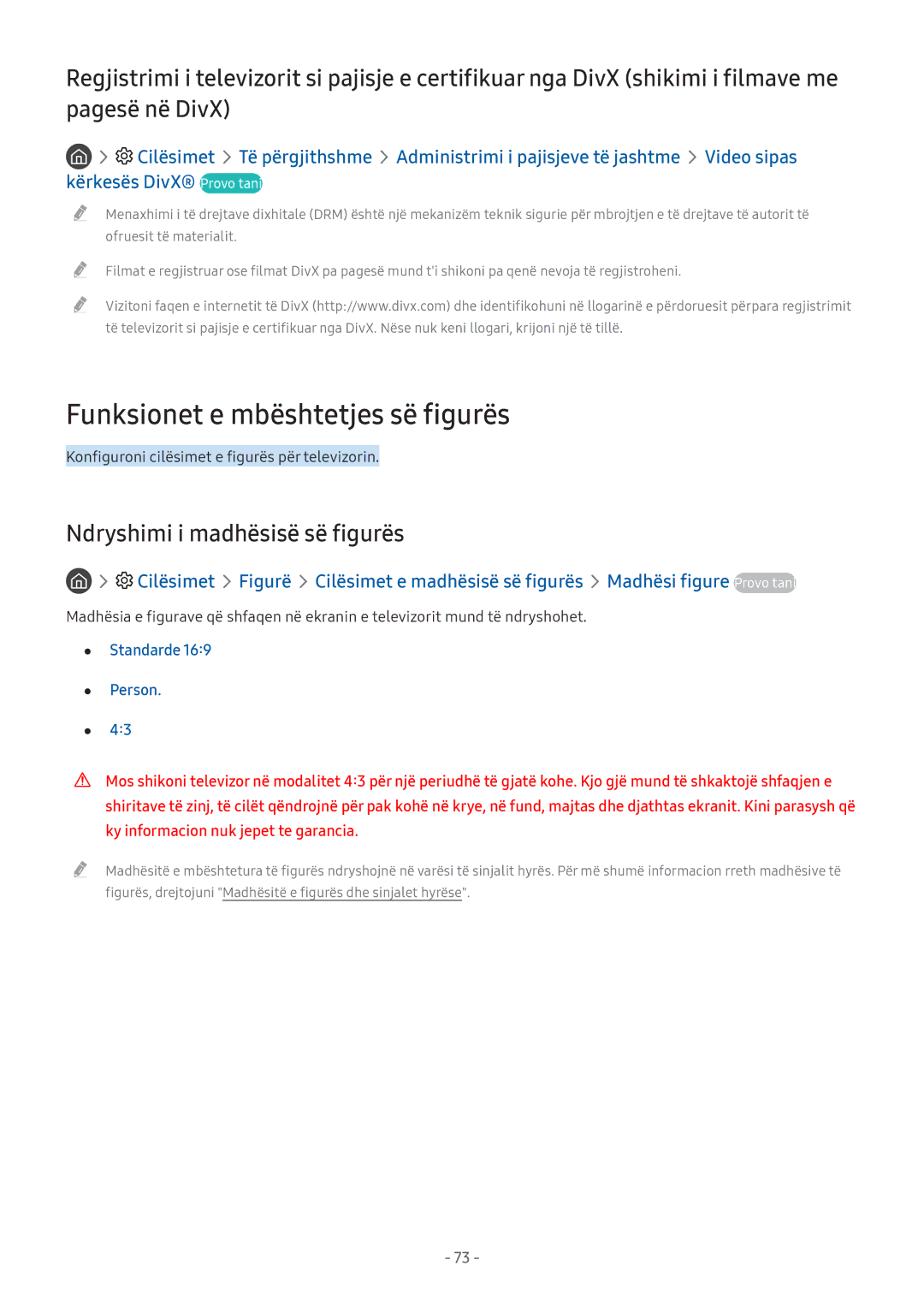 Samsung UE49M5572AUXXH manual Funksionet e mbështetjes së figurës, Ndryshimi i madhësisë së figurës, Standarde Person 