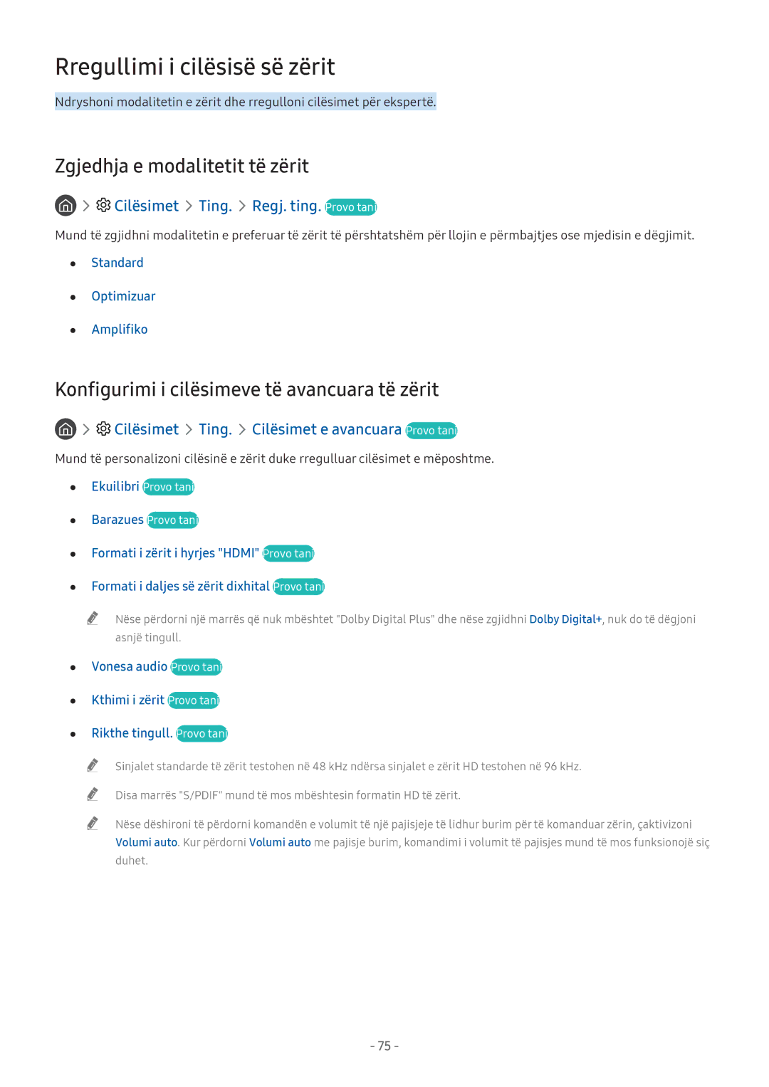 Samsung UE32M5522AKXXH, UE43M5522AKXXH, UE55M5672AUXXH manual Rregullimi i cilësisë së zërit, Zgjedhja e modalitetit të zërit 