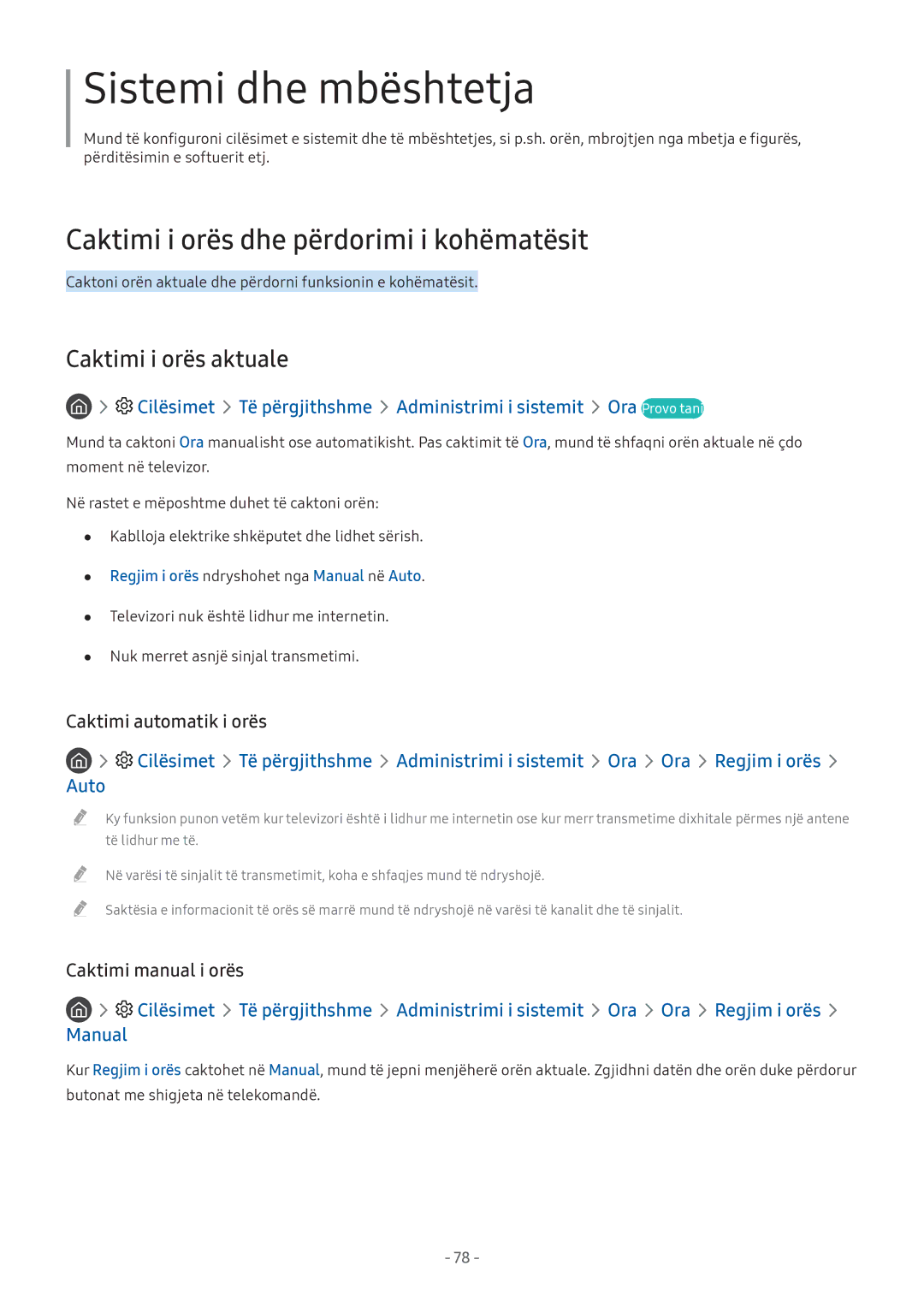 Samsung UE49M6372AUXXH manual Caktimi i orës dhe përdorimi i kohëmatësit, Caktimi i orës aktuale, Caktimi automatik i orës 