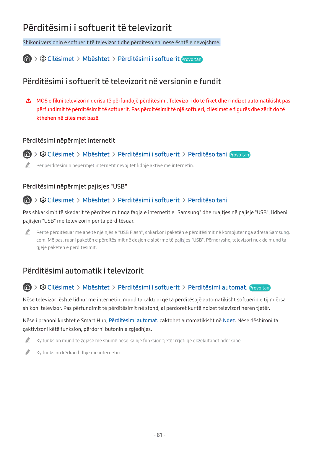 Samsung UE49M5582AUXXH manual Përditësimi i softuerit të televizorit, Cilësimet Mbështet Përditësimi i softuerit Provo tani 