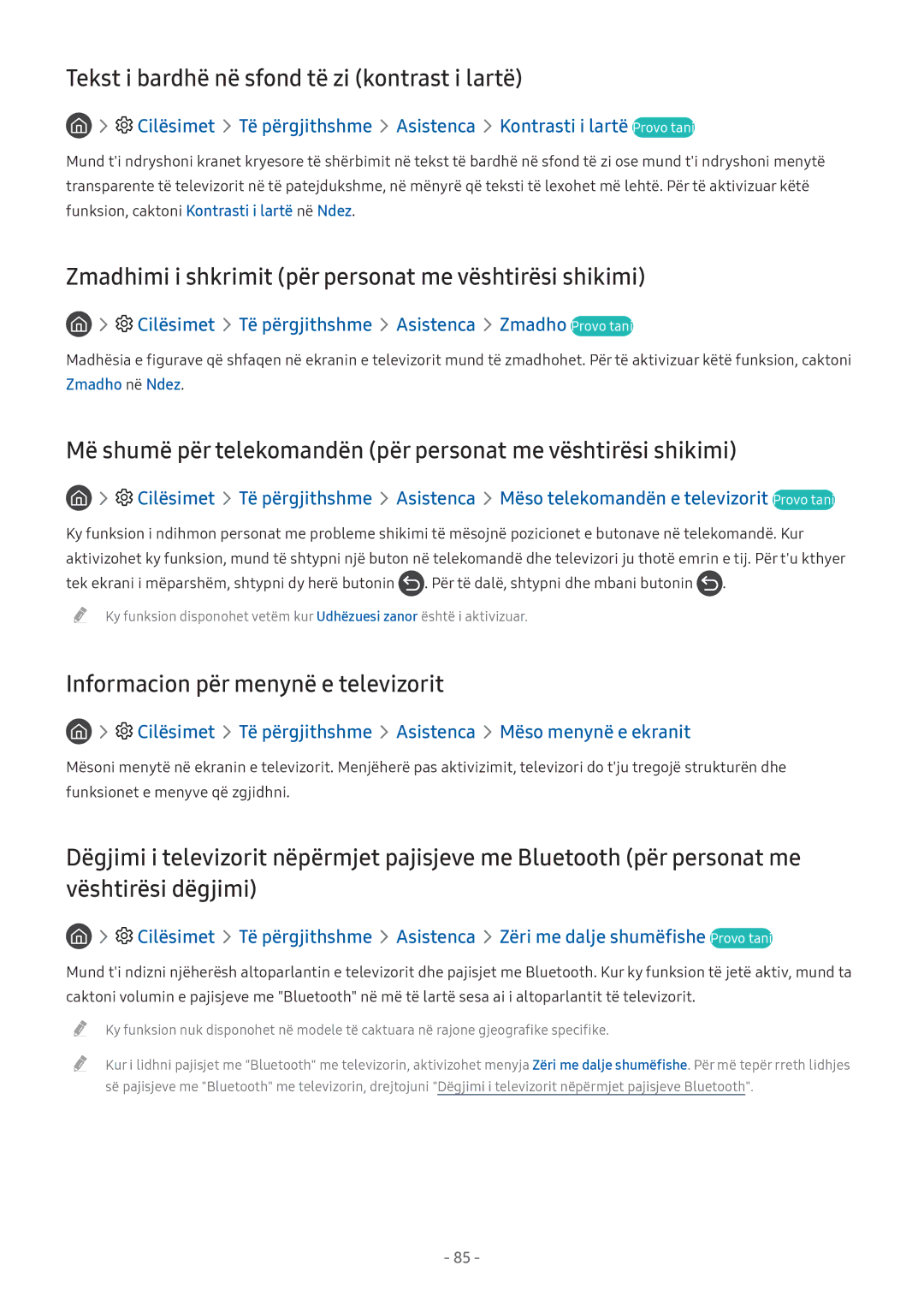 Samsung UE49M5672AUXXH manual Tekst i bardhë në sfond të zi kontrast i lartë, Informacion për menynë e televizorit 