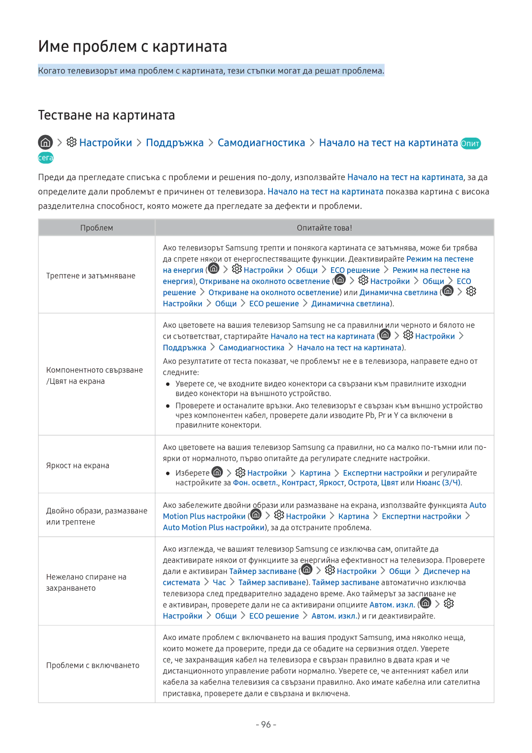 Samsung UE43M5502AKXXH, UE43M5602AKXXH, UE49M6302AKXXH, UE32M5602AKXXH manual Име проблем с картината, Тестване на картината 