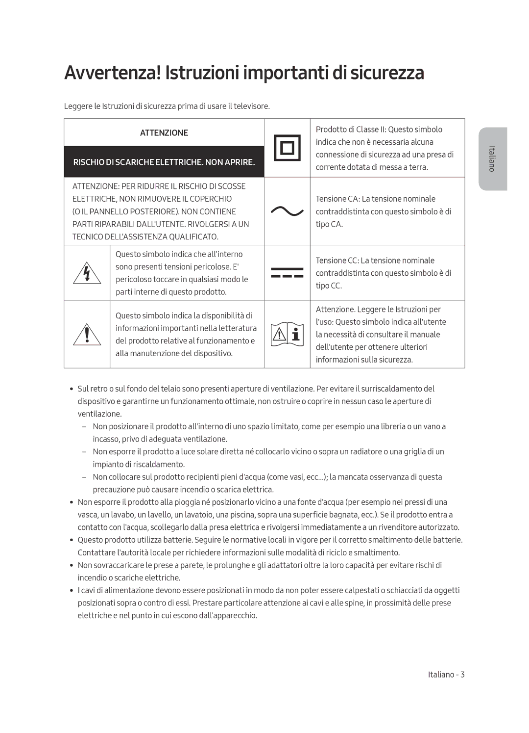 Samsung UE55MU6120KXZT, UE43MU6120KXZT, UE75MU6120KXZT, UE65MU6120KXZT manual Avvertenza! Istruzioni importanti di sicurezza 