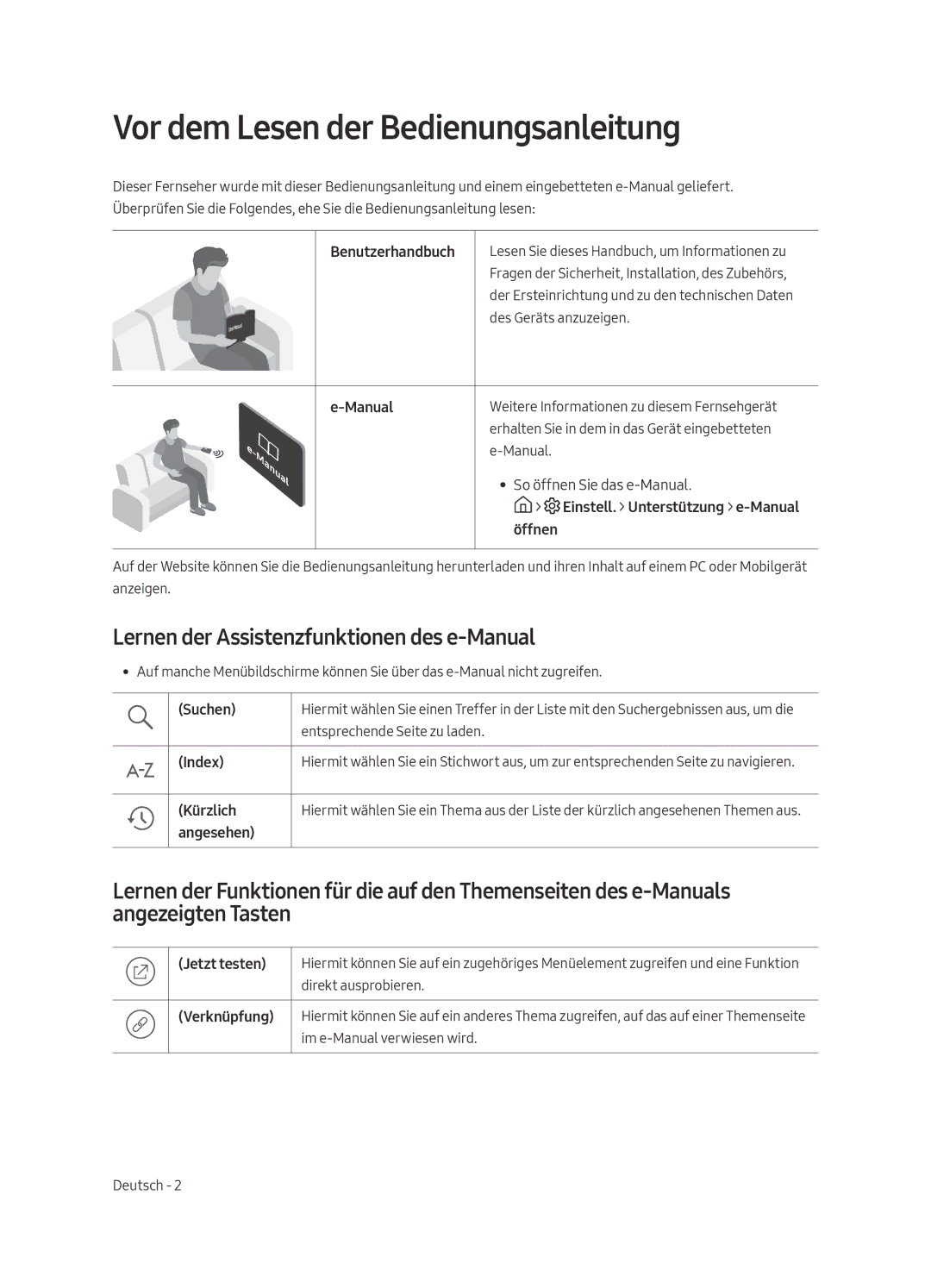 Samsung UE49MU6120KXZT, UE43MU6120KXZT Vor dem Lesen der Bedienungsanleitung, Lernen der Assistenzfunktionen des e-Manual 