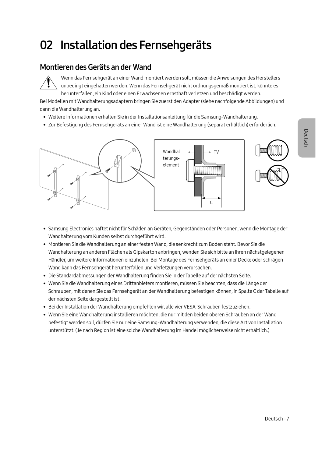 Samsung UE40MU6120KXXU, UE43MU6120KXZT, UE75MU6120KXZT Installation des Fernsehgeräts, Montieren des Geräts an der Wand 