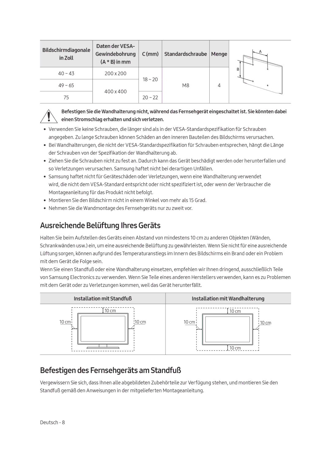 Samsung UE43MU6120KXZT manual Ausreichende Belüftung Ihres Geräts, Befestigen des Fernsehgeräts am Standfuß, Daten der Vesa 