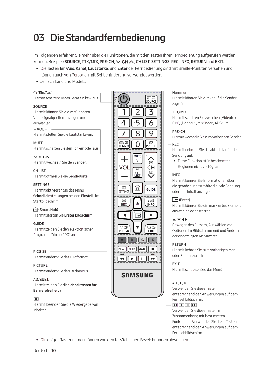 Samsung UE65MU6120KXZT, UE43MU6120KXZT, UE75MU6120KXZT, UE55MU6120KXZT, UE49MU6120KXZT manual Die Standardfernbedienung 