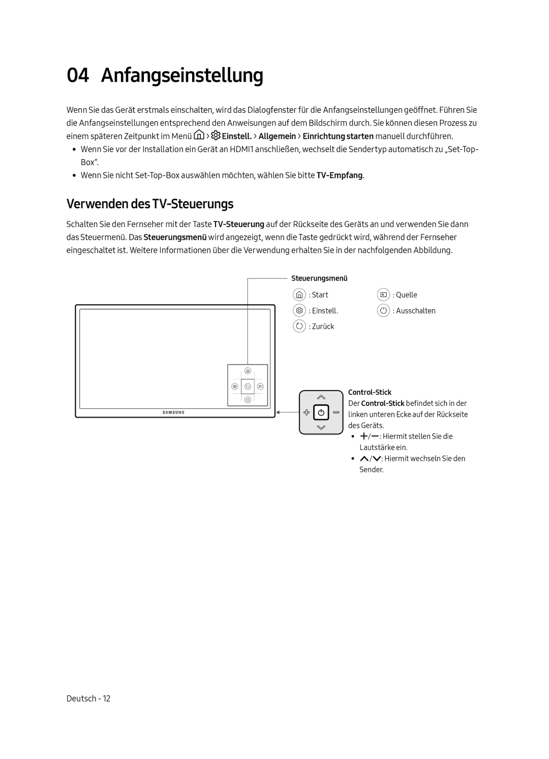 Samsung UE49MU6120KXZT, UE43MU6120KXZT, UE75MU6120KXZT, UE65MU6120KXZT manual Anfangseinstellung, Verwenden des TV-Steuerungs 