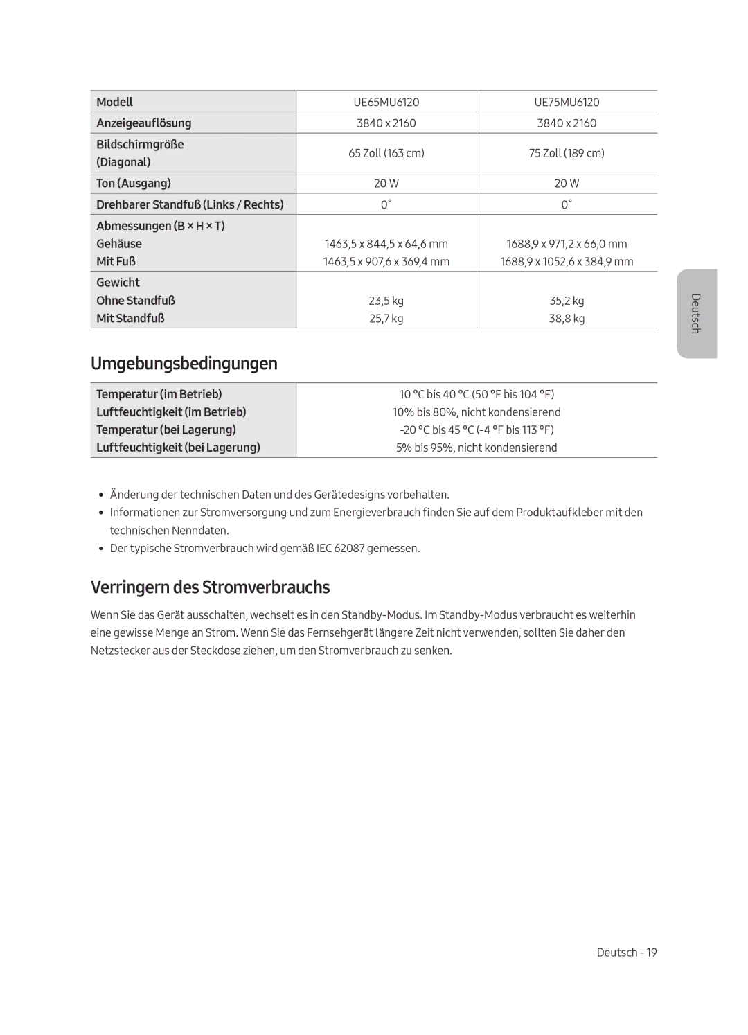 Samsung UE75MU6120KXZT, UE43MU6120KXZT, UE65MU6120KXZT, UE55MU6120KXZT Umgebungsbedingungen, Verringern des Stromverbrauchs 