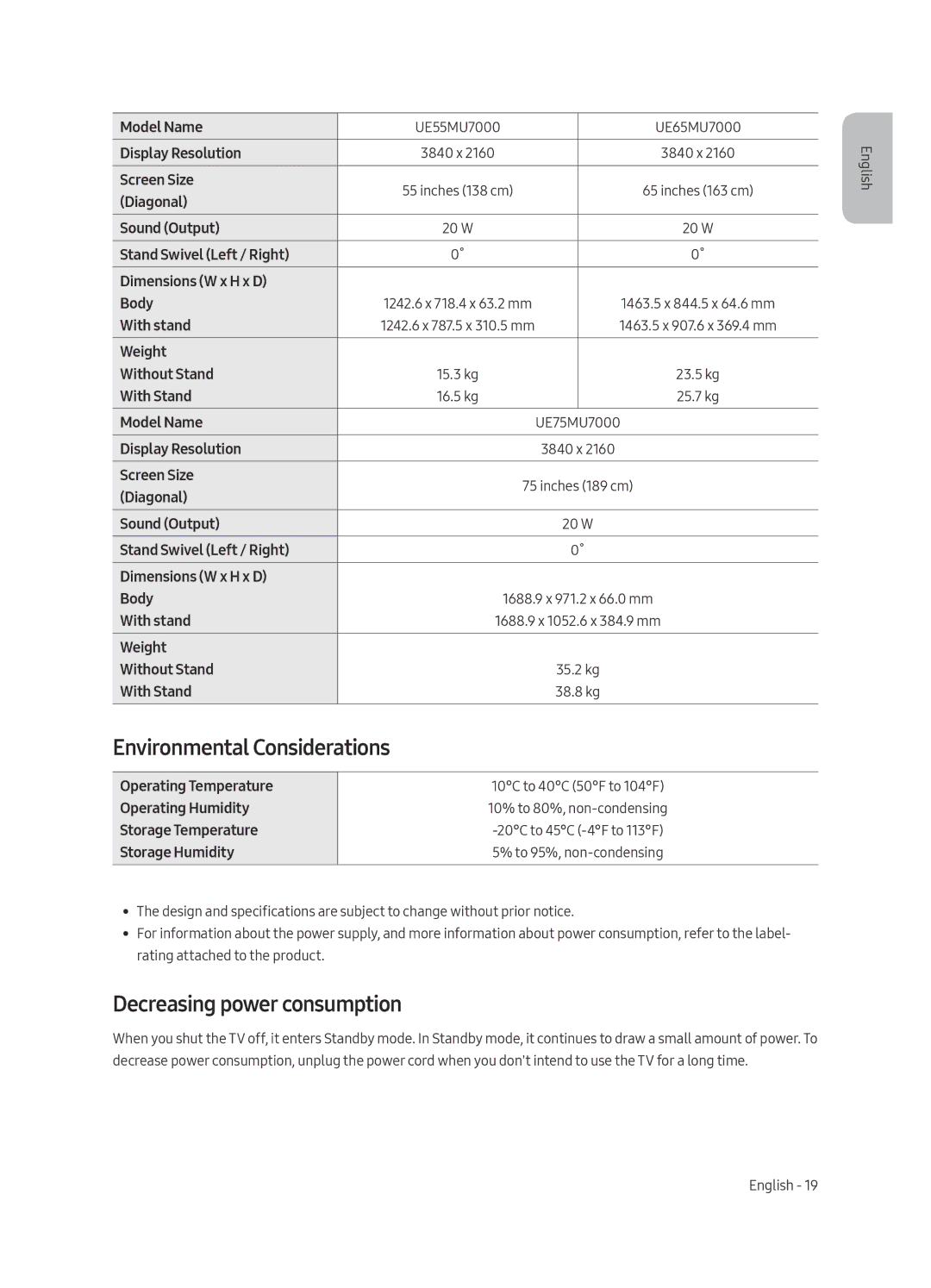 Samsung UE40MU7000UXSQ, UE43MU7000UXSQ, UE75MU7000UXSQ manual Environmental Considerations, Decreasing power consumption 