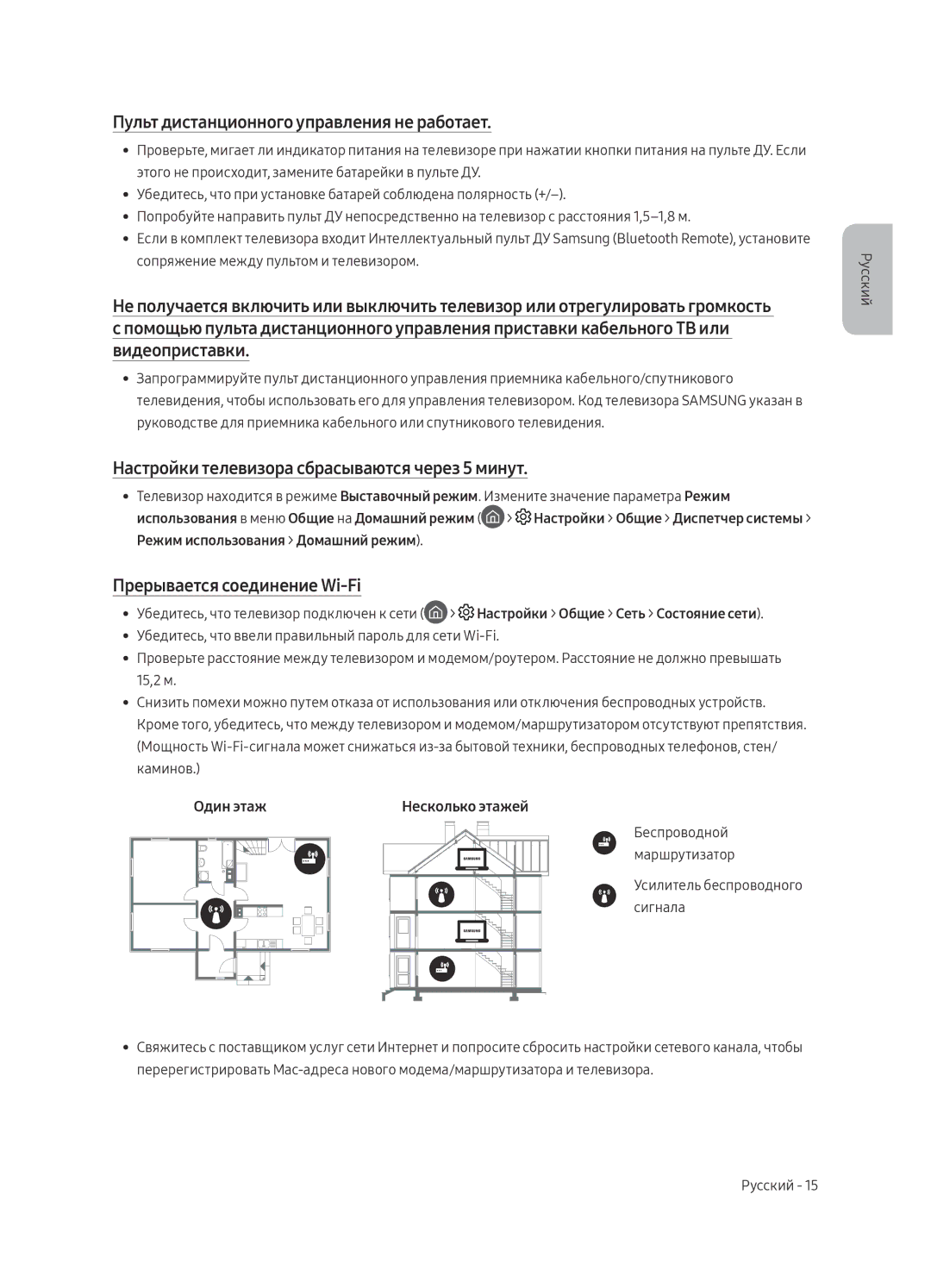 Samsung UE65MU7000UXSQ manual Пульт дистанционного управления не работает, Настройки телевизора сбрасываются через 5 минут 