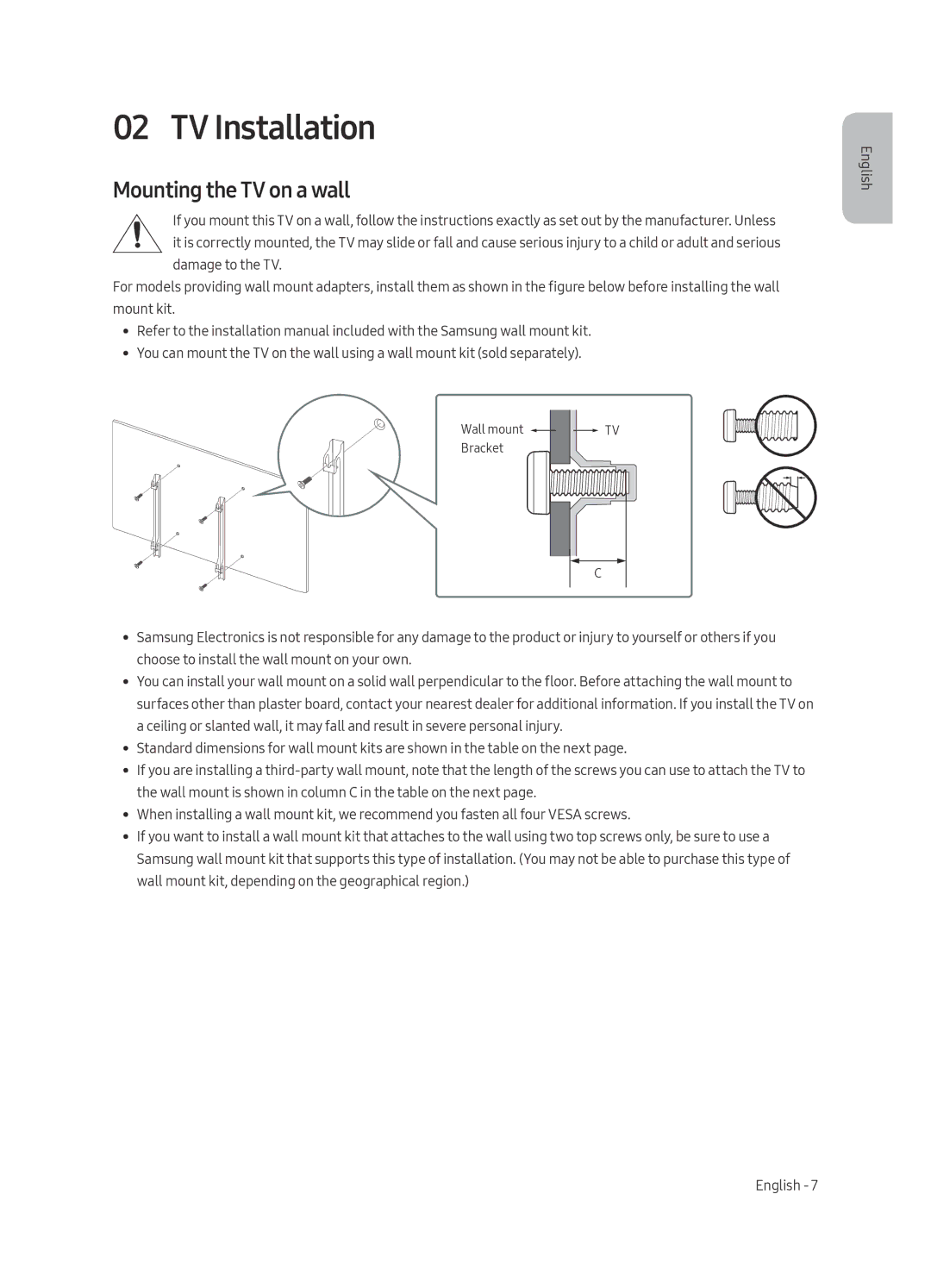 Samsung UE40MU7000UXSQ, UE43MU7000UXSQ, UE75MU7000UXSQ, UE50MU7000UXSQ manual TV Installation, Mounting the TV on a wall 