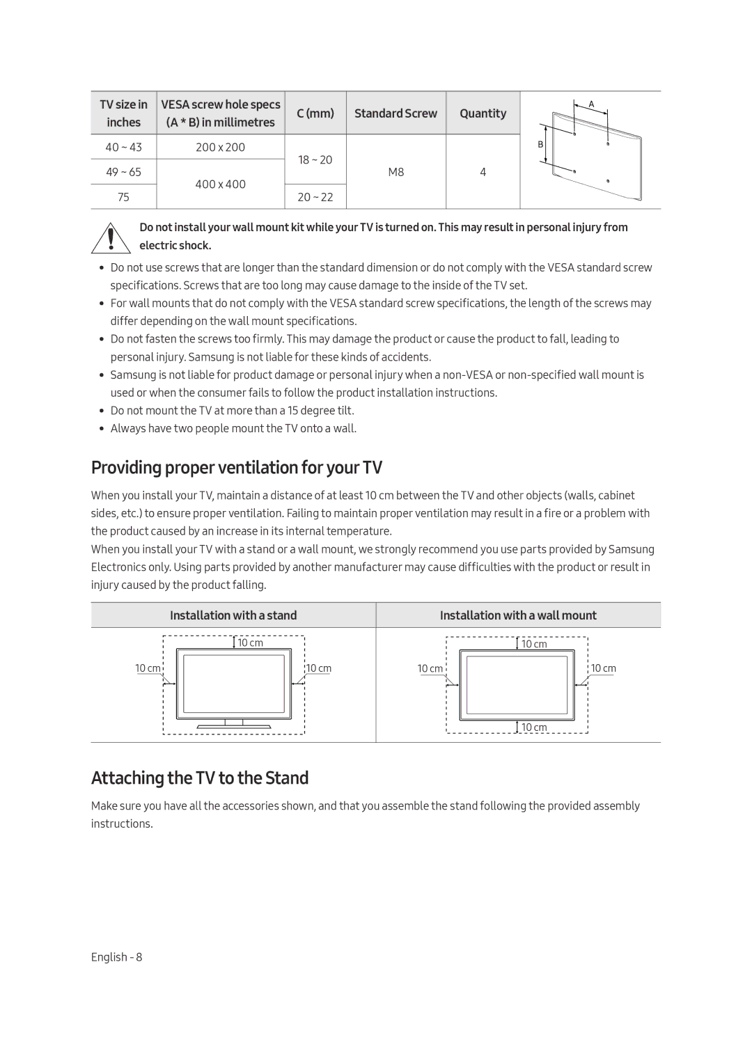 Samsung UE75MU7000UXSQ, UE43MU7000UXSQ manual Providing proper ventilation for your TV, Attaching the TV to the Stand 