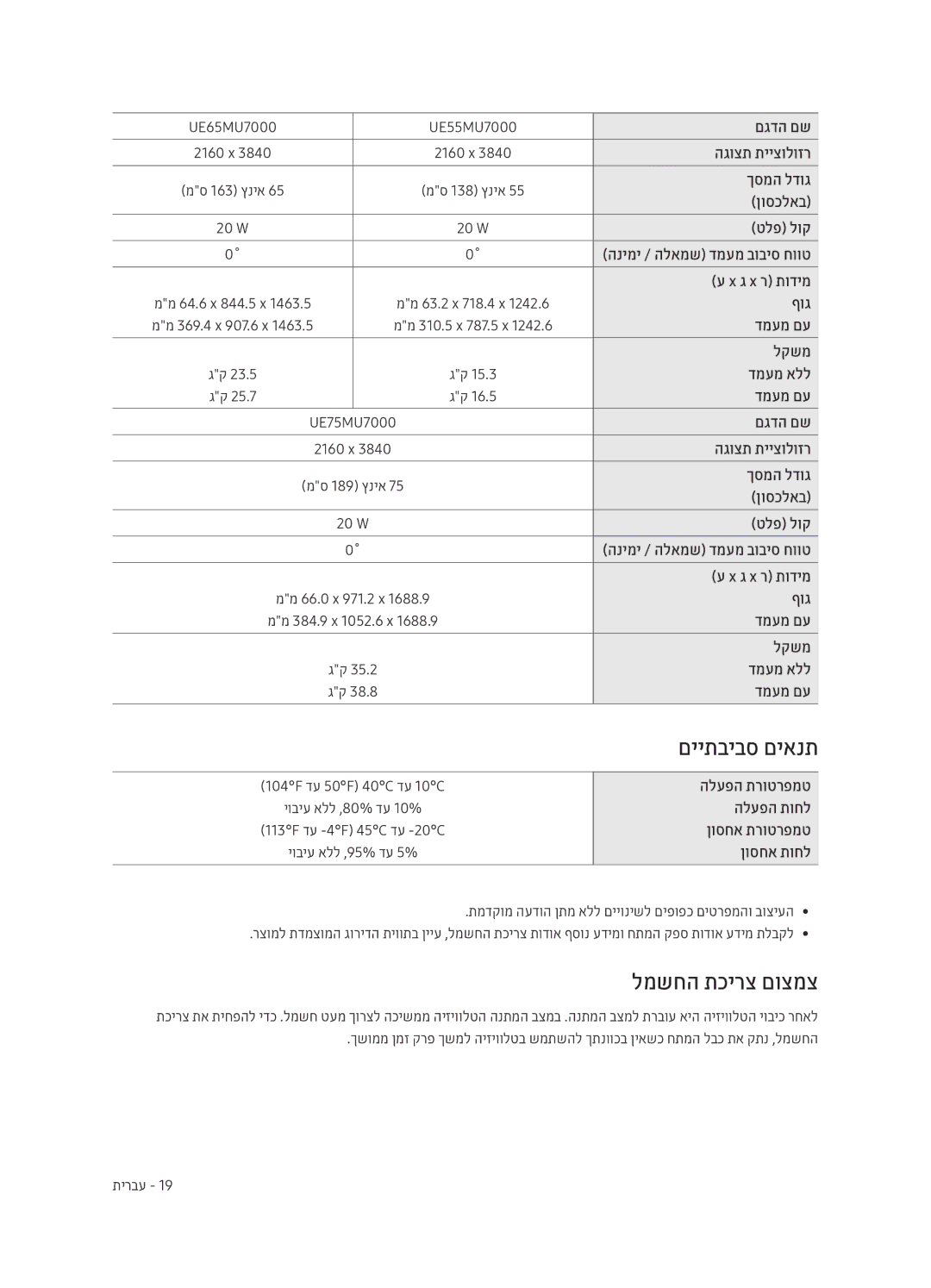 Samsung UE40MU7000UXSQ, UE43MU7000UXSQ, UE75MU7000UXSQ, UE50MU7000UXSQ, UE55MU7000UXSQ manual םייתביבס םיאנת, למשחה תכירצ םוצמצ 