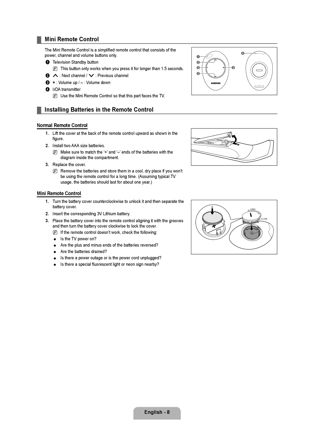 Samsung UE46B7090WWXZG manual Mini Remote Control, Installing Batteries in the Remote Control, Normal Remote Control 