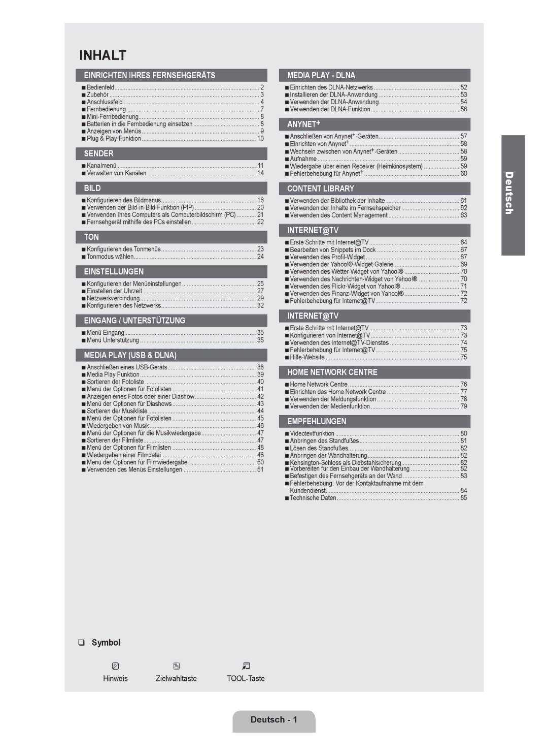 Samsung UE46B7090WWXZG, UE40B7090WWXZG manual Deutsch, Hinweis Zielwahltaste TOOL-Taste 