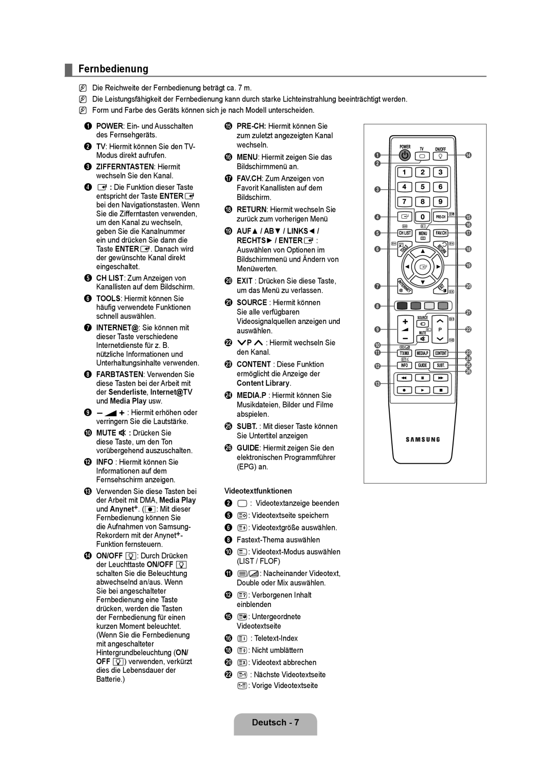 Samsung UE46B7090WWXZG, UE40B7090WWXZG manual Fernbedienung, Deutsch  