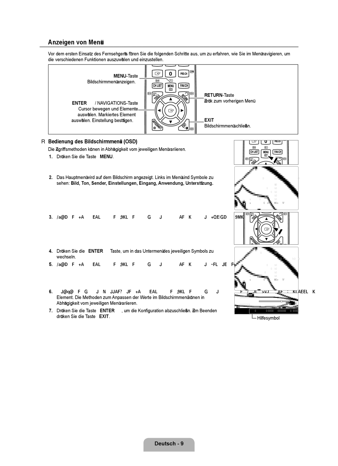 Samsung UE46B7090WWXZG manual Anzeigen von Menüs, Bedienung des Bildschirmmenüs OSD, RETURN-Taste, Bildschirmmenü schließen 