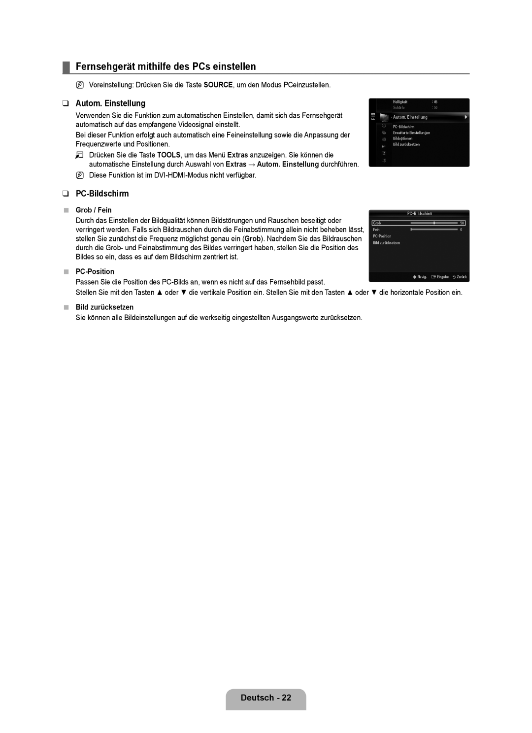 Samsung UE40B7090WWXZG, UE46B7090WWXZG manual Fernsehgerät mithilfe des PCs einstellen, Autom. Einstellung, PC-Bildschirm 