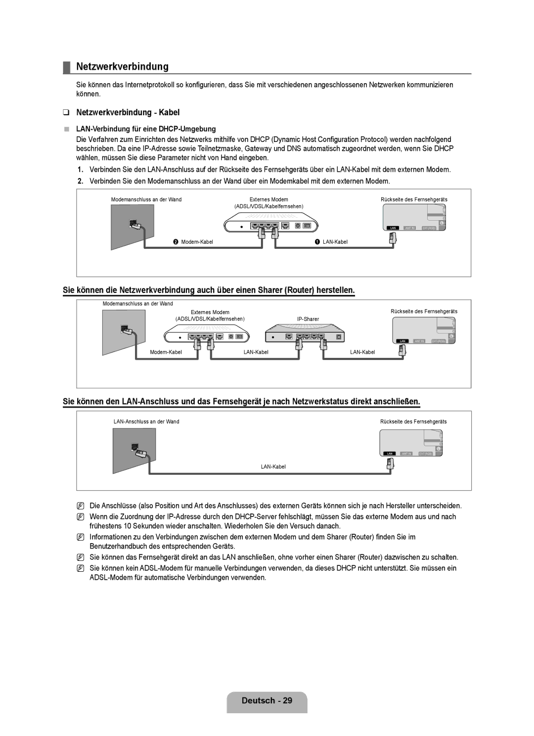 Samsung UE46B7090WWXZG, UE40B7090WWXZG manual Netzwerkverbindung Kabel, LAN-Verbindung für eine DHCP-Umgebung 