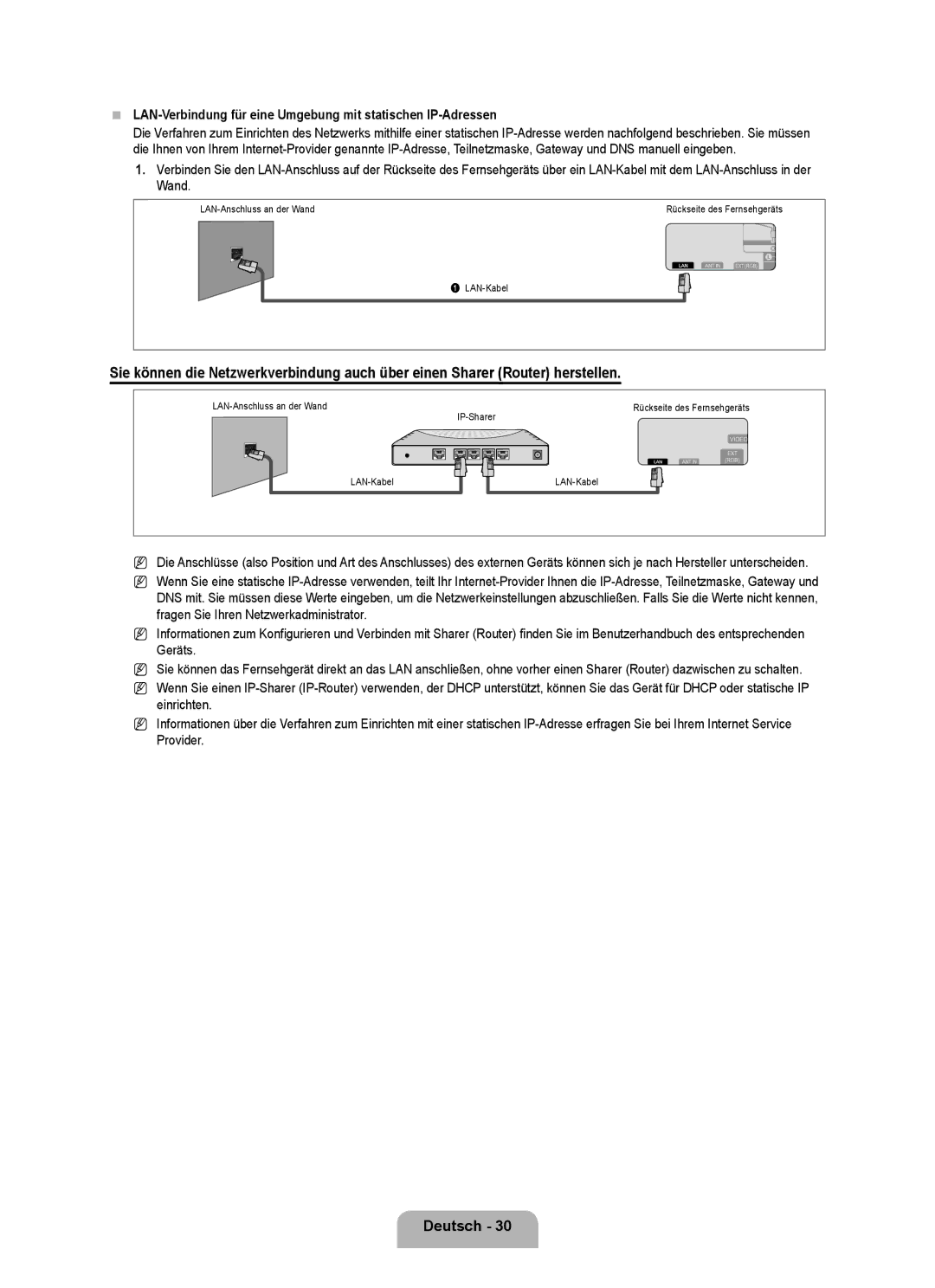 Samsung UE40B7090WWXZG, UE46B7090WWXZG manual LAN-Verbindung für eine Umgebung mit statischen IP-Adressen 