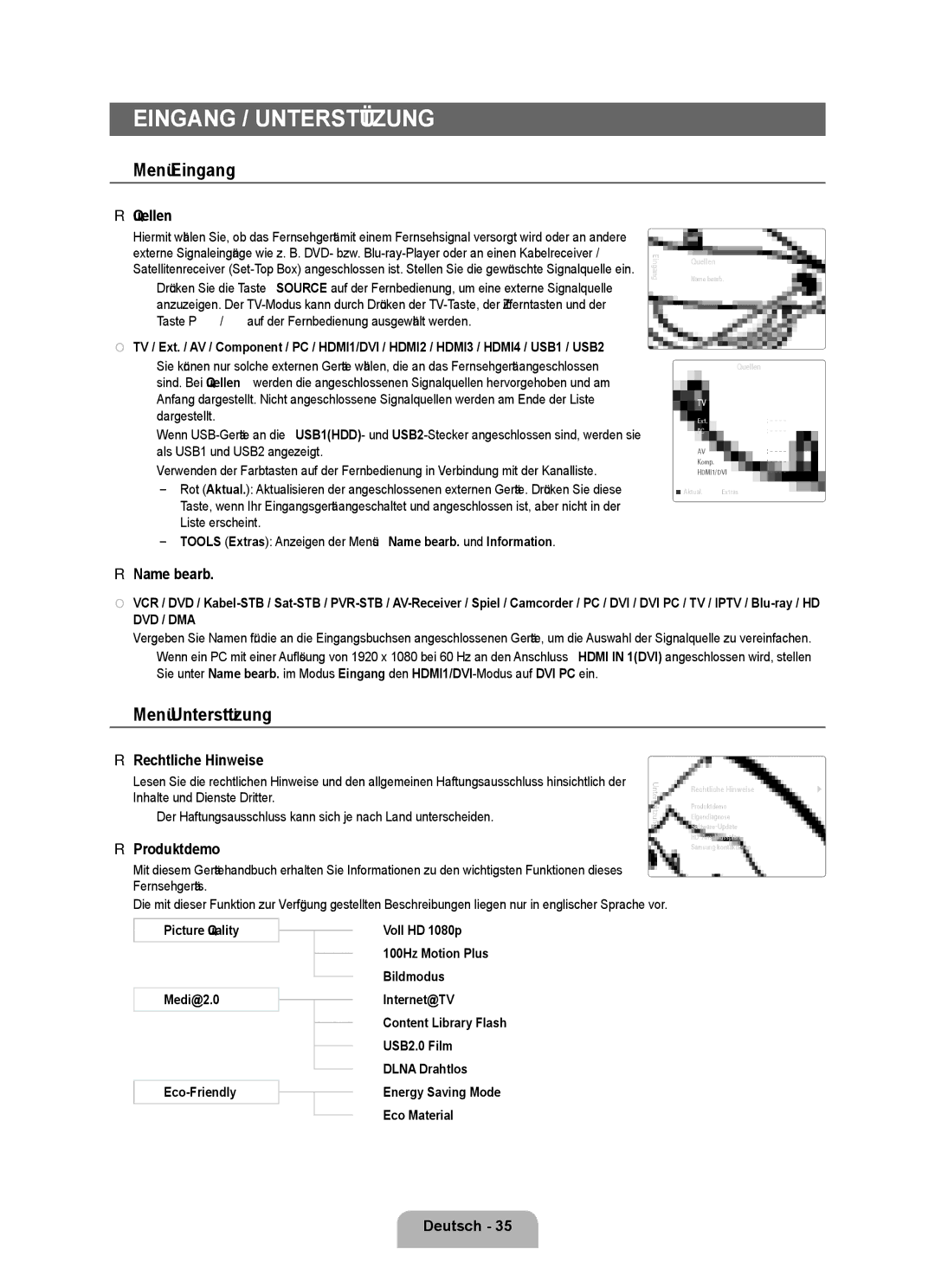 Samsung UE46B7090WWXZG, UE40B7090WWXZG manual Menü Eingang, Menü Unterstützung 