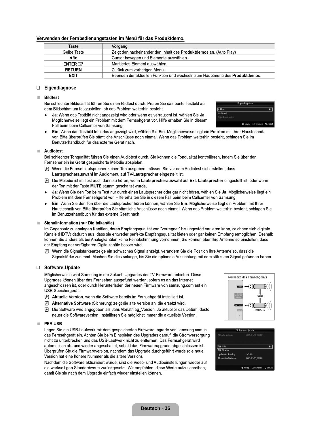 Samsung UE40B7090WWXZG, UE46B7090WWXZG manual Eigendiagnose, Software-Update 