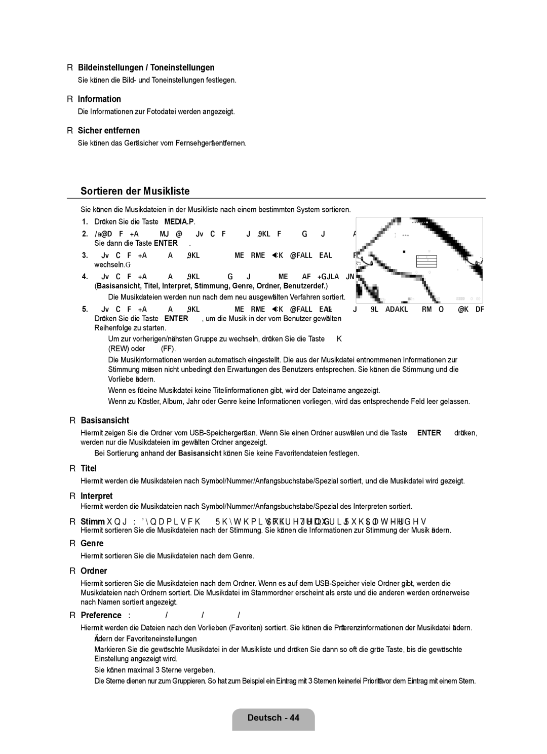 Samsung UE40B7090WWXZG, UE46B7090WWXZG Sortieren der Musikliste, Bildeinstellungen / Toneinstellungen, Titel, Interpret 