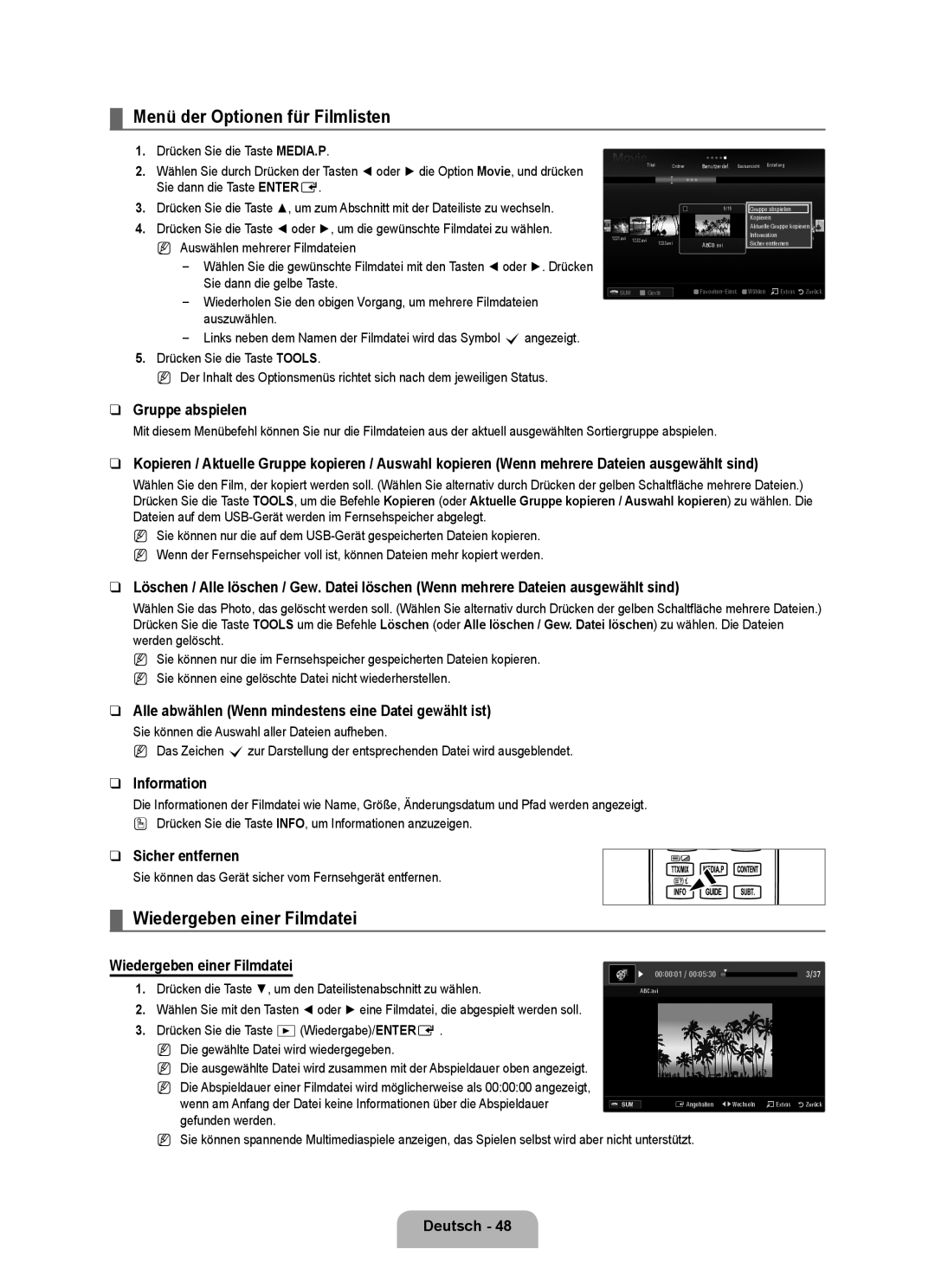 Samsung UE40B7090WWXZG, UE46B7090WWXZG manual Menü der Optionen für Filmlisten, Wiedergeben einer Filmdatei 