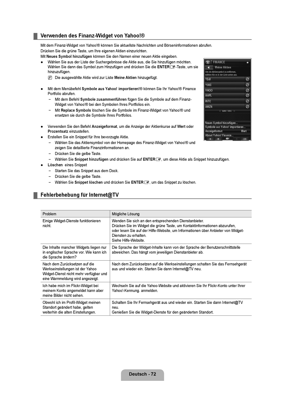 Samsung UE40B7090WWXZG, UE46B7090WWXZG manual Verwenden des Finanz-Widget von Yahoo, Fehlerbehebung für Internet@TV 