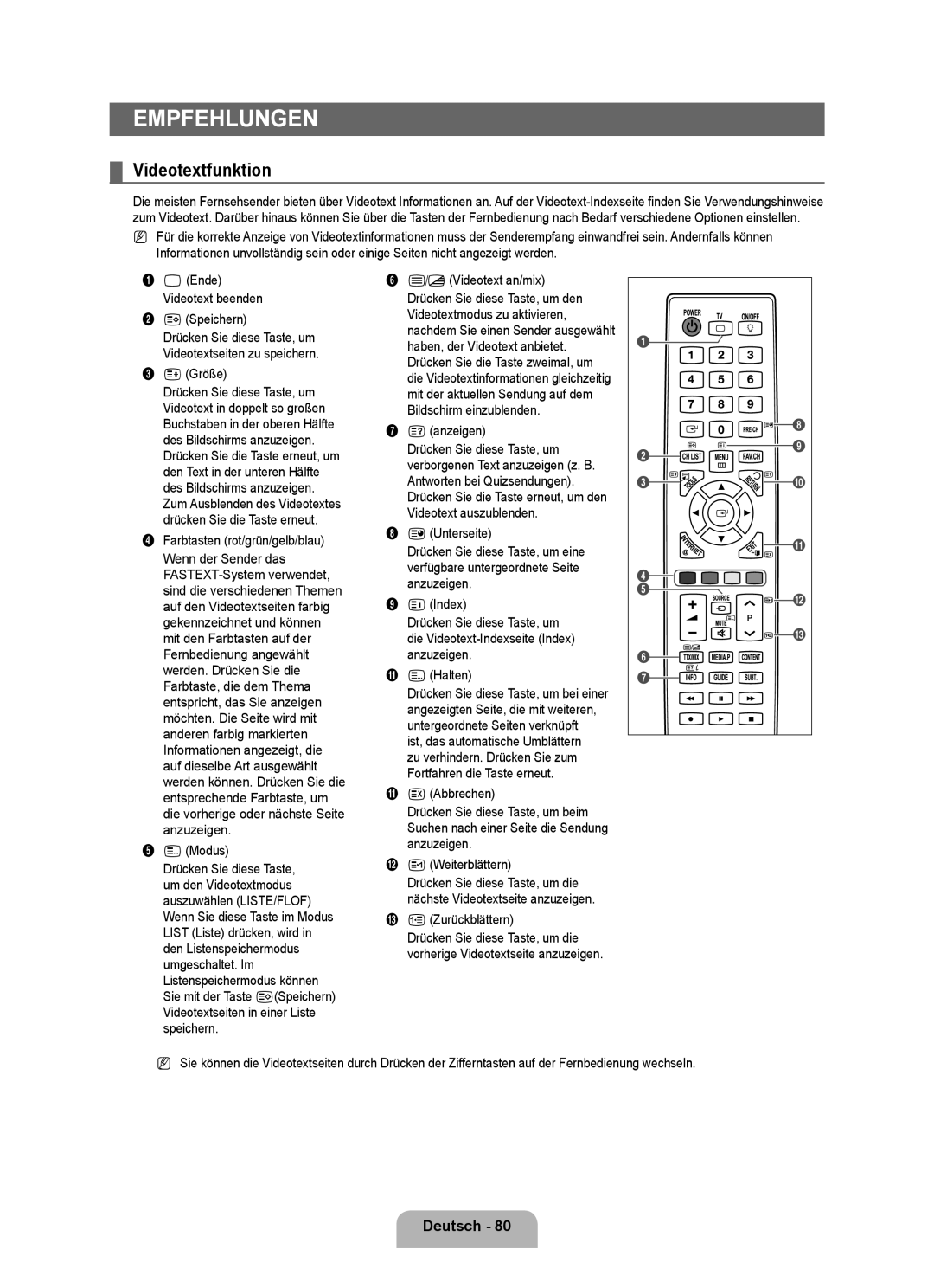 Samsung UE40B7090WWXZG, UE46B7090WWXZG manual Videotextfunktion 