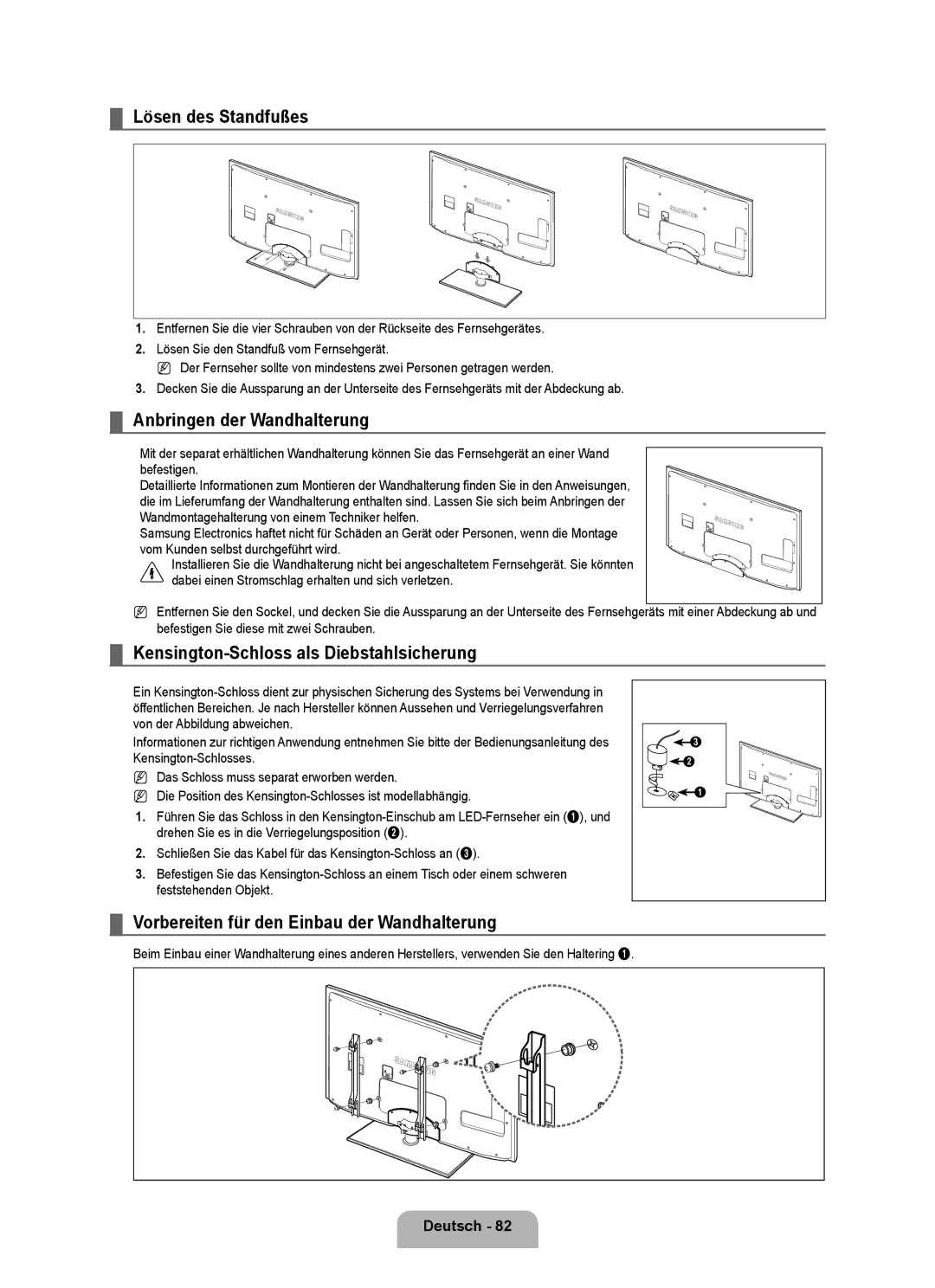 Samsung UE40B7090WWXZG manual Lösen des Standfußes, Anbringen der Wandhalterung, Kensington-Schloss als Diebstahlsicherung 