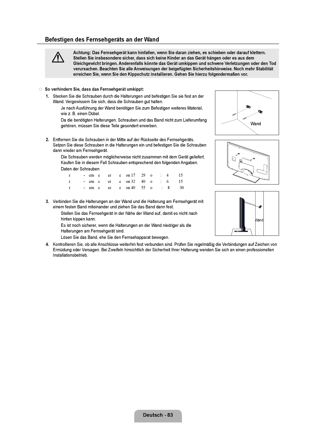 Samsung UE46B7090WWXZG manual Befestigen des Fernsehgeräts an der Wand, So verhindern Sie, dass das Fernsehgerät umkippt 