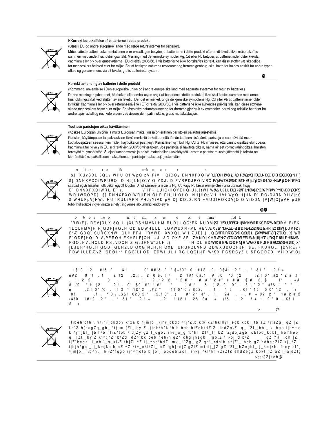 Samsung UE46B7090WWXZG, UE40B7090WWXZG manual KKorrekt bortskaffelse af batterierne i dette produkt 