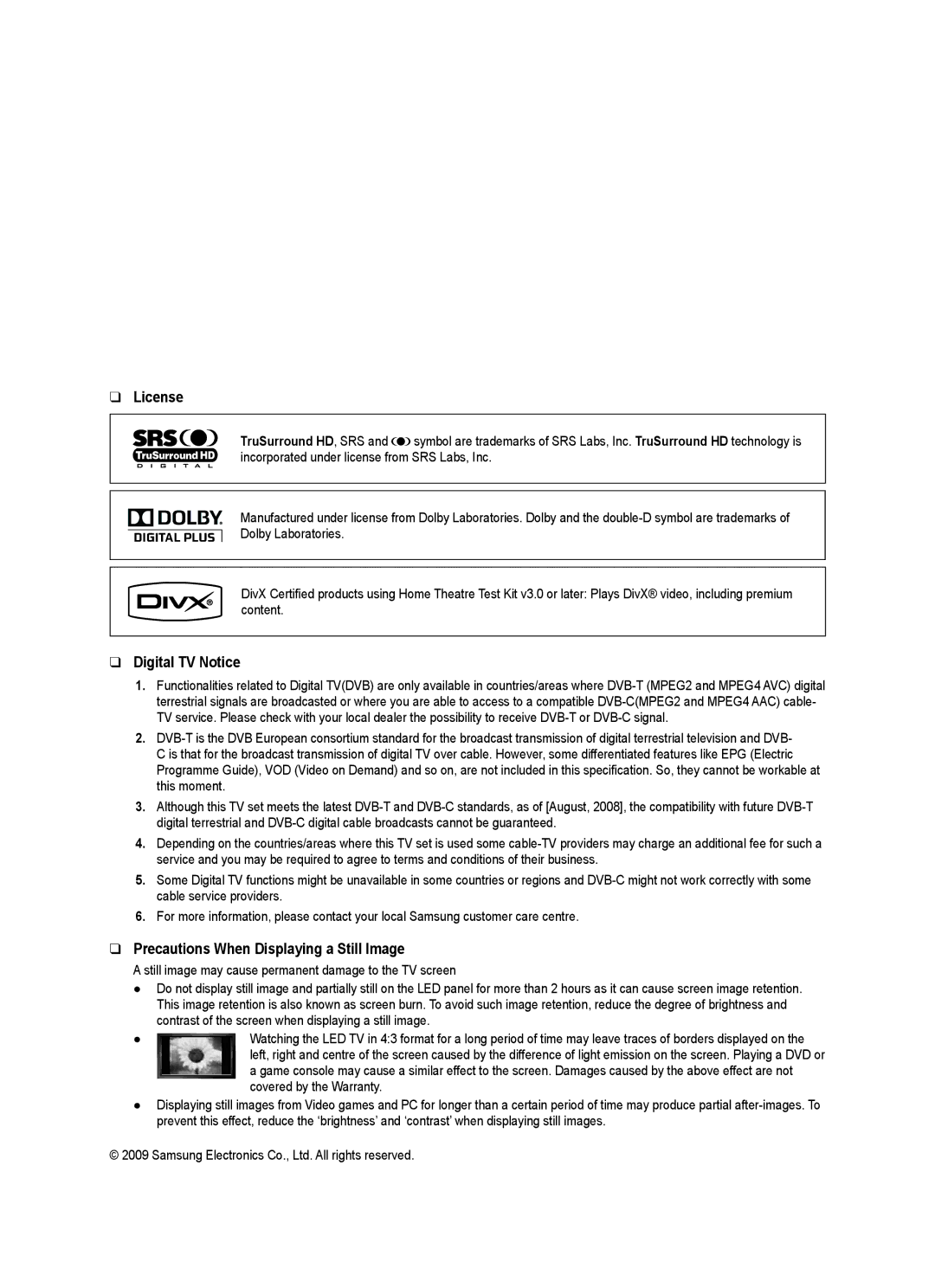 Samsung UE46B7090WWXZG, UE40B7090WWXZG manual License, Digital TV Notice, Precautions When Displaying a Still Image 