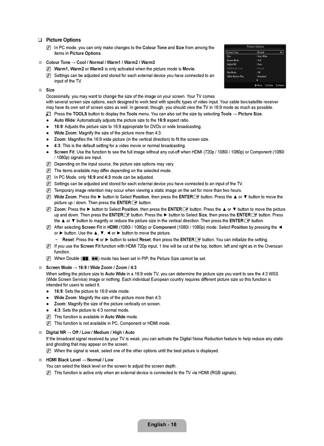 Samsung UE46B7090WWXZG, UE40B7090WWXZG manual Picture Options 