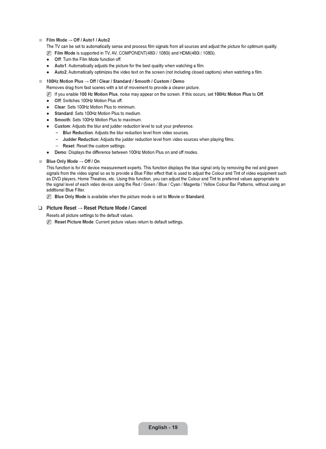 Samsung UE40B7090WWXZG, UE46B7090WWXZG manual Picture Reset → Reset Picture Mode / Cancel, Film Mode → Off / Auto1 / Auto2 