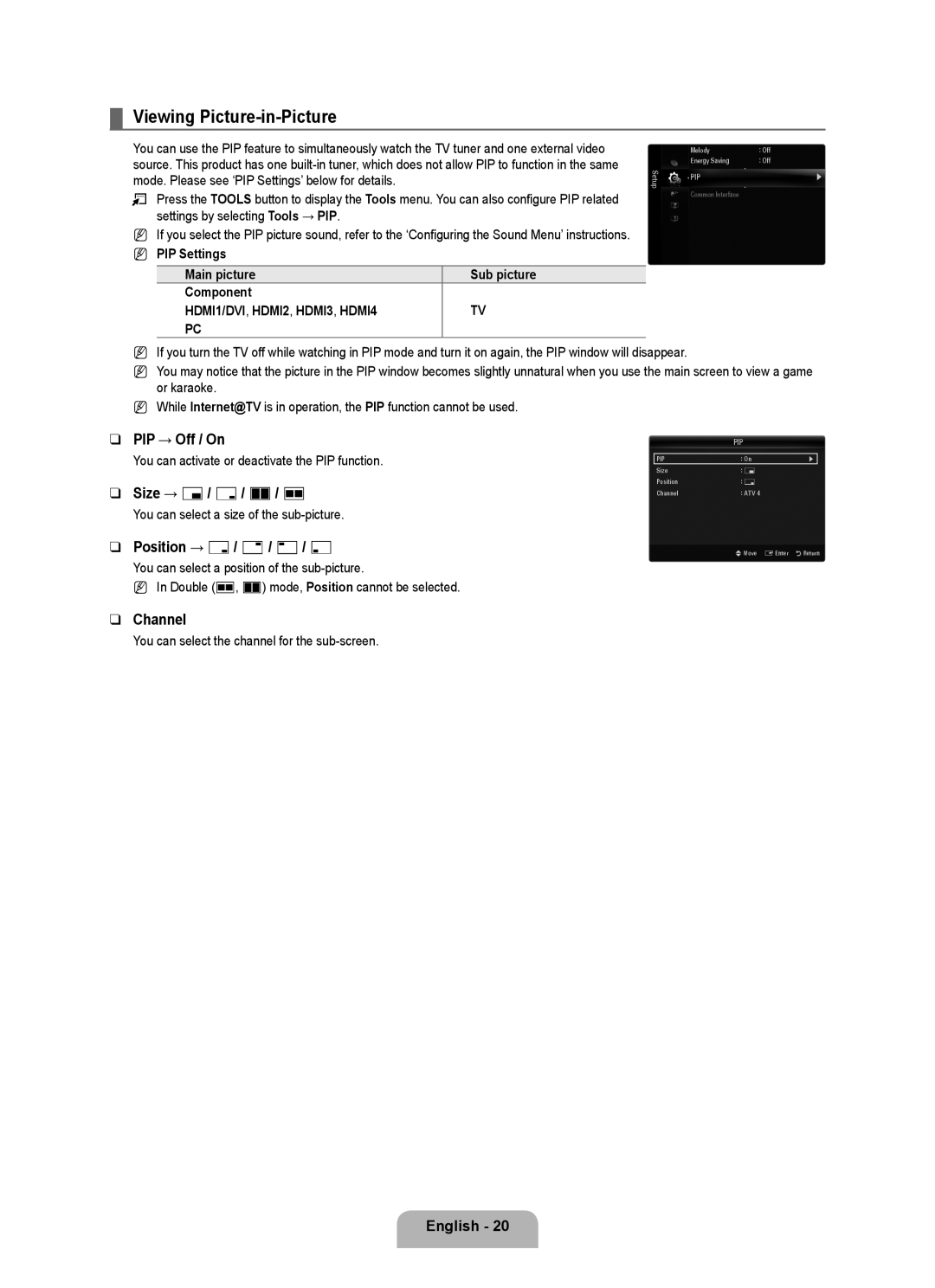 Samsung UE46B7090WWXZG manual Viewing Picture-in-Picture, PIP → Off / On, Size → Õ/ Ã/ À/ Œ, Position → Ã/ / -/ œ, Channel 