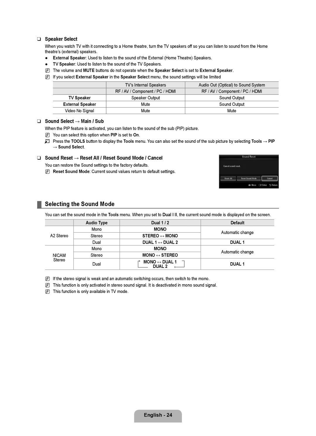 Samsung UE46B7090WWXZG, UE40B7090WWXZG manual Selecting the Sound Mode, Speaker Select, Sound Select → Main / Sub 