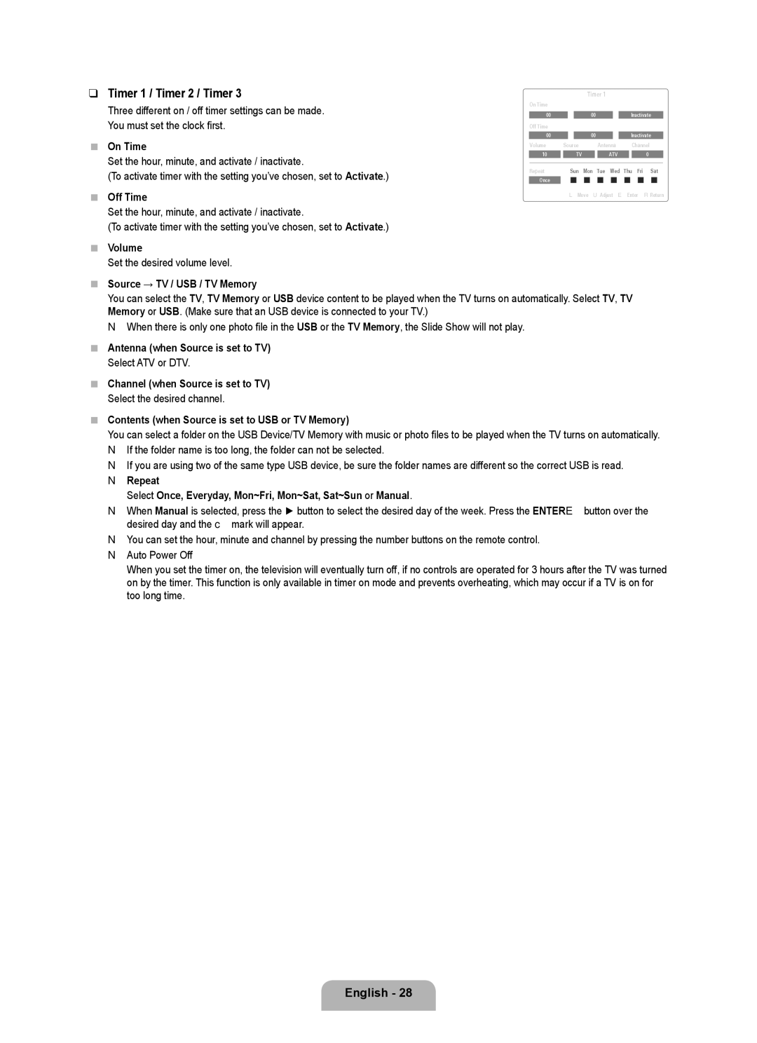 Samsung UE46B7090WWXZG, UE40B7090WWXZG manual Timer 1 / Timer 2 / Timer, On Time, Source → TV / USB / TV Memory 