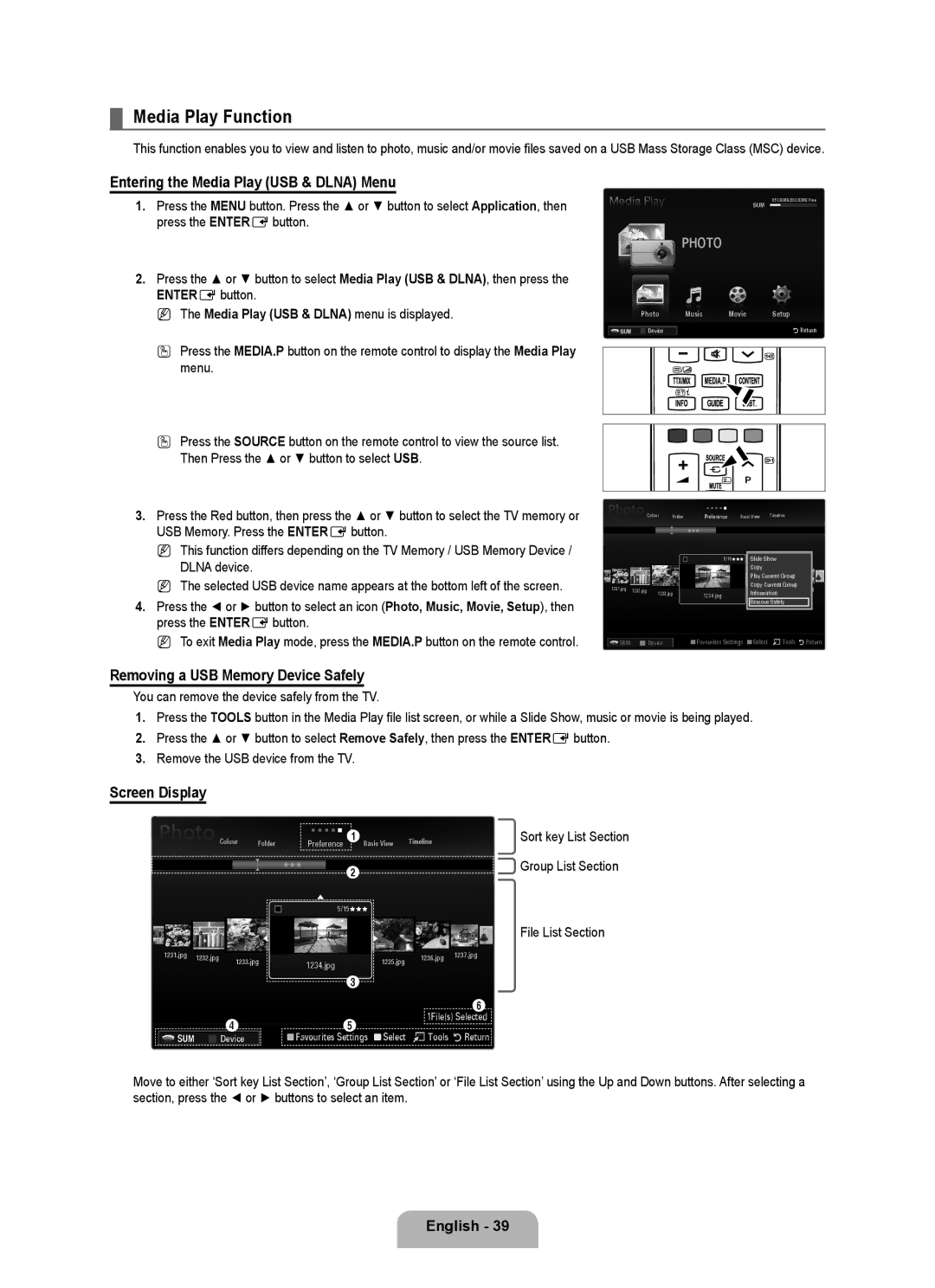 Samsung UE40B7090WWXZG Media Play Function, Entering the Media Play USB & Dlna Menu, Removing a USB Memory Device Safely 