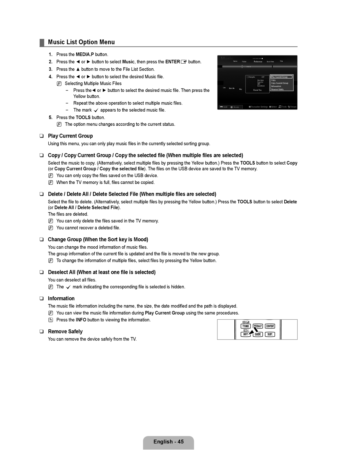 Samsung UE40B7090WWXZG, UE46B7090WWXZG manual Music List Option Menu, Change Group When the Sort key is Mood 